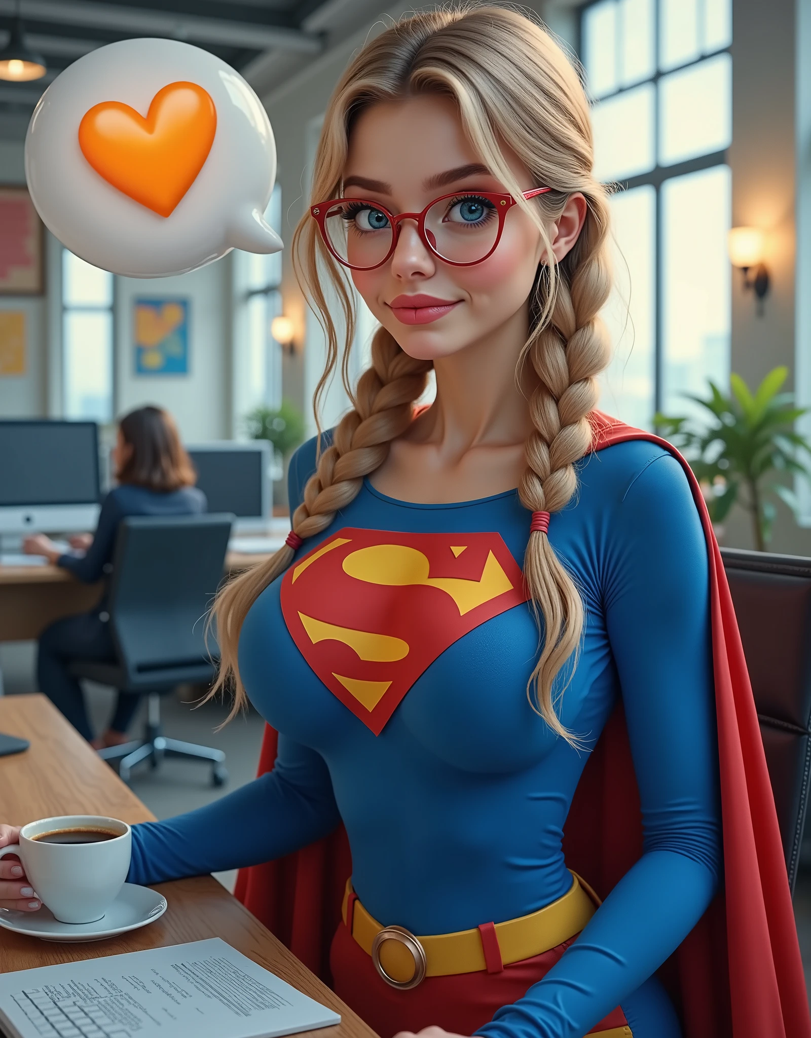 A SEXY TEEN FEMALE WITH BLUE EYES, RED GLASSES AND BLONDE HAIR BRAIDED, WEARING A BLUE 1980 SUPERMAN SUIT AND RED CAPE STARING AT THE VIEWER. PHOTO REALISTIC, INTRICATE DETAILS, INTICATE TEXTURES, PROESSIONAL 4K PHOTOGRAPHY. BEHIND THE DESK AT WORK. (*A TEXT BUBBLE WITH A HEART EMOJI*) SIPPING ON COFFEE.