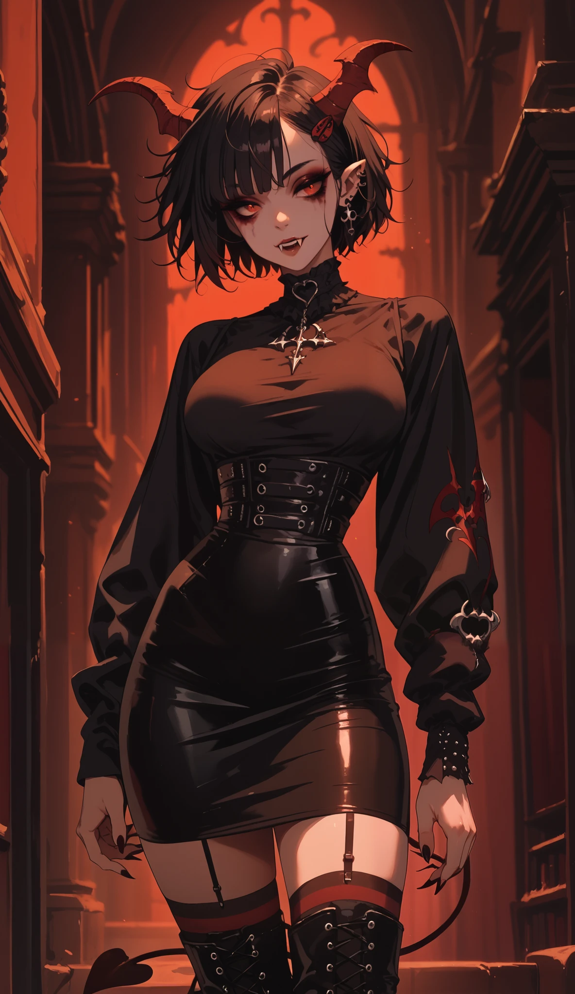 (1 girl) standing front, 1-mature woman, gothic, round breasts, slim waist, black hair with reddish streaks, messy hair, short bob-style hair, straight bangs on forehead, long side bangs, short hair extension to back, deep wine red eyes, soft makeup on the cheeks, soft gothic-style makeup on the eyes, vampire fangs, demon horns, in a tight casual blouse, sexy neckline, tight black skirt and punk boots with high heels, high stockings, demon tail, pointed ear tip with piercings