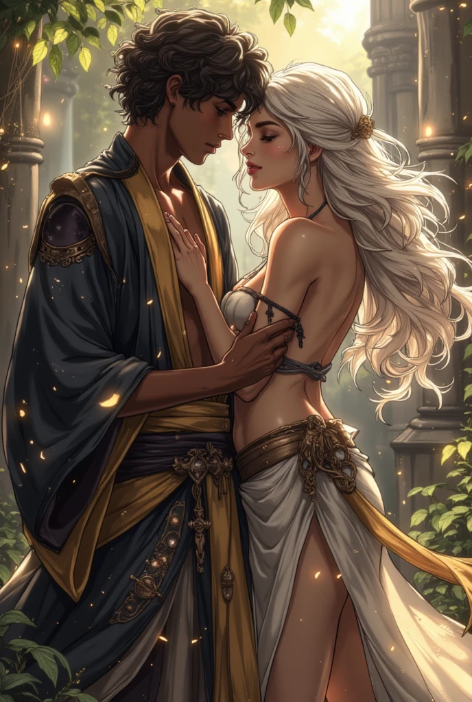 A **** couple 18’s featuring a young black-skinned man warrior with caramel curly hair and a young black-skinned woman with an androgynous body and long flowing white hair, both wearing revelating traditional black and gold kimonos. The scene is romantic and sexy, with celestial overtones and an intimate, revealing atmosphere that exudes a subtle yet captivating sensuality. Celest land garden background, energy and power, egyptian style 