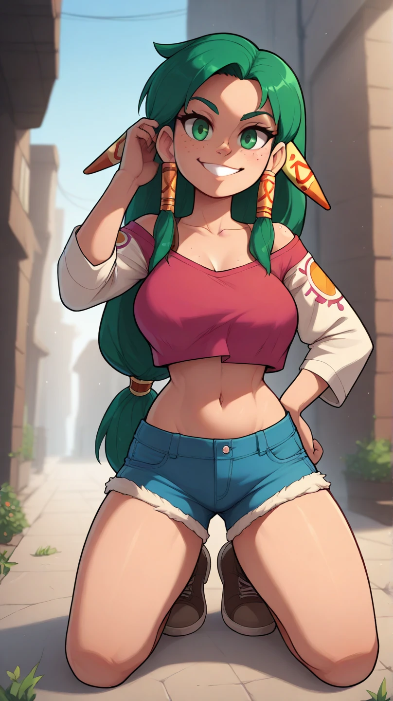 score_9, score_8, feena from grandia, teen, young, freckles, redhead, dreamy look, long hair, beauty, emerald eyes, smile, mega_tits:80, giant_tits, big_tits, masterpiece, high quality, very saggy tits, crop pullover, hot pants, cute face, high detail, full body view, 4k, no mistakes, unreal engine