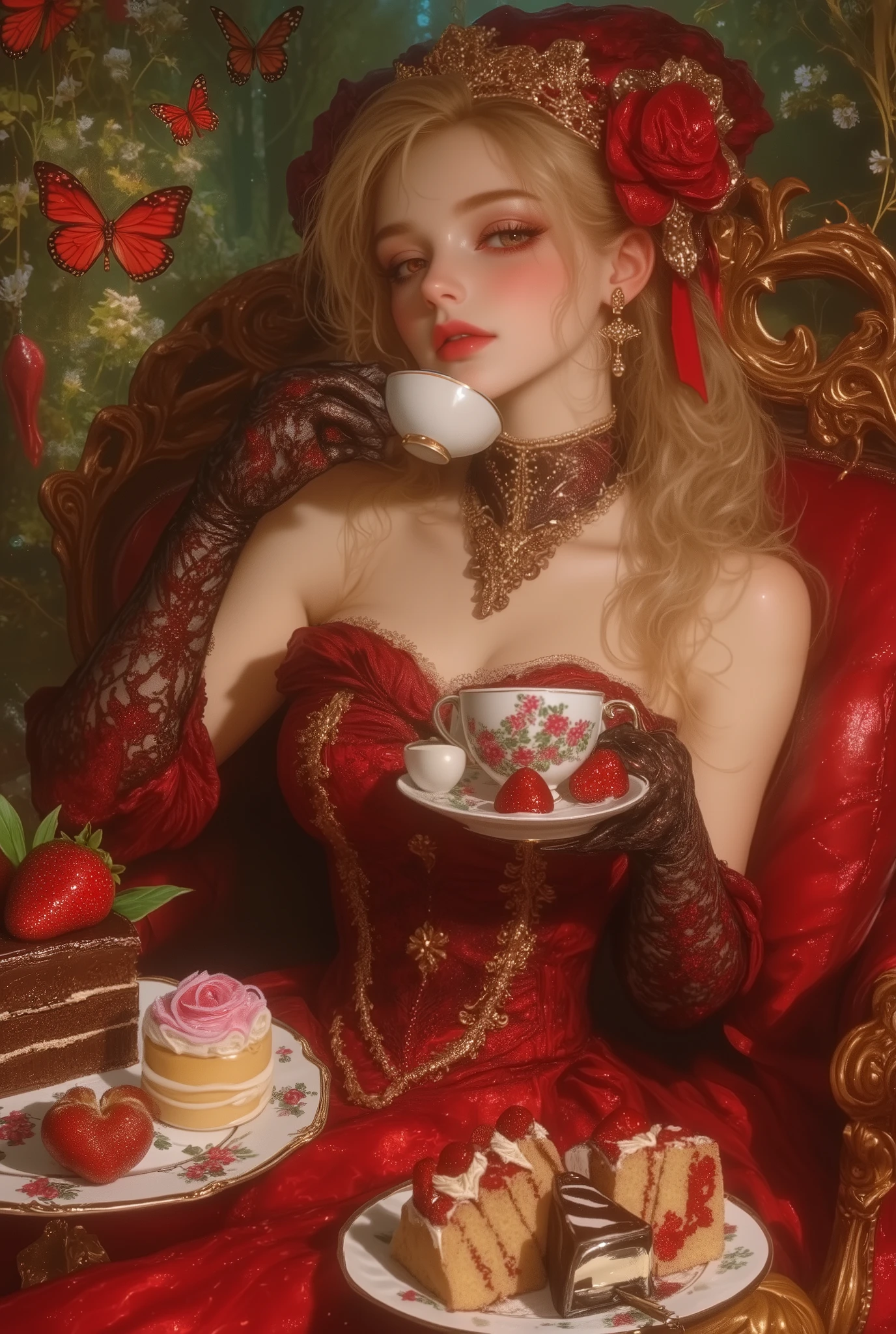 Best quality,masterpiece,ultra high res,beautiful, extremely detailed face, perfect lighting, perfect face, 16k, beautiful women, 1 garota , 16k, Best quality,masterpiece,ultra high res,beautiful, extremely detailed face, 16k, The time is set in the Victorian era, with a beautiful girl sitting on an elegant chair, the girl is drinking tea, with a delicate teacup in one hand. The girl wears a long red dress, Victorian fashion, with several chic accessories decorated in gold. The dress is red and well detailed, with lace gloves on the girl's hands. The girl has long blonde golden hair, carmesin red eyes, pink cheeks and reddish lips. In front of the girl, there is a table with a bunch of different cakes such as chocolate cake with strawberry, vanilla cake, and others. The girl is having tea in a garden, with butterflies and flowers around her.