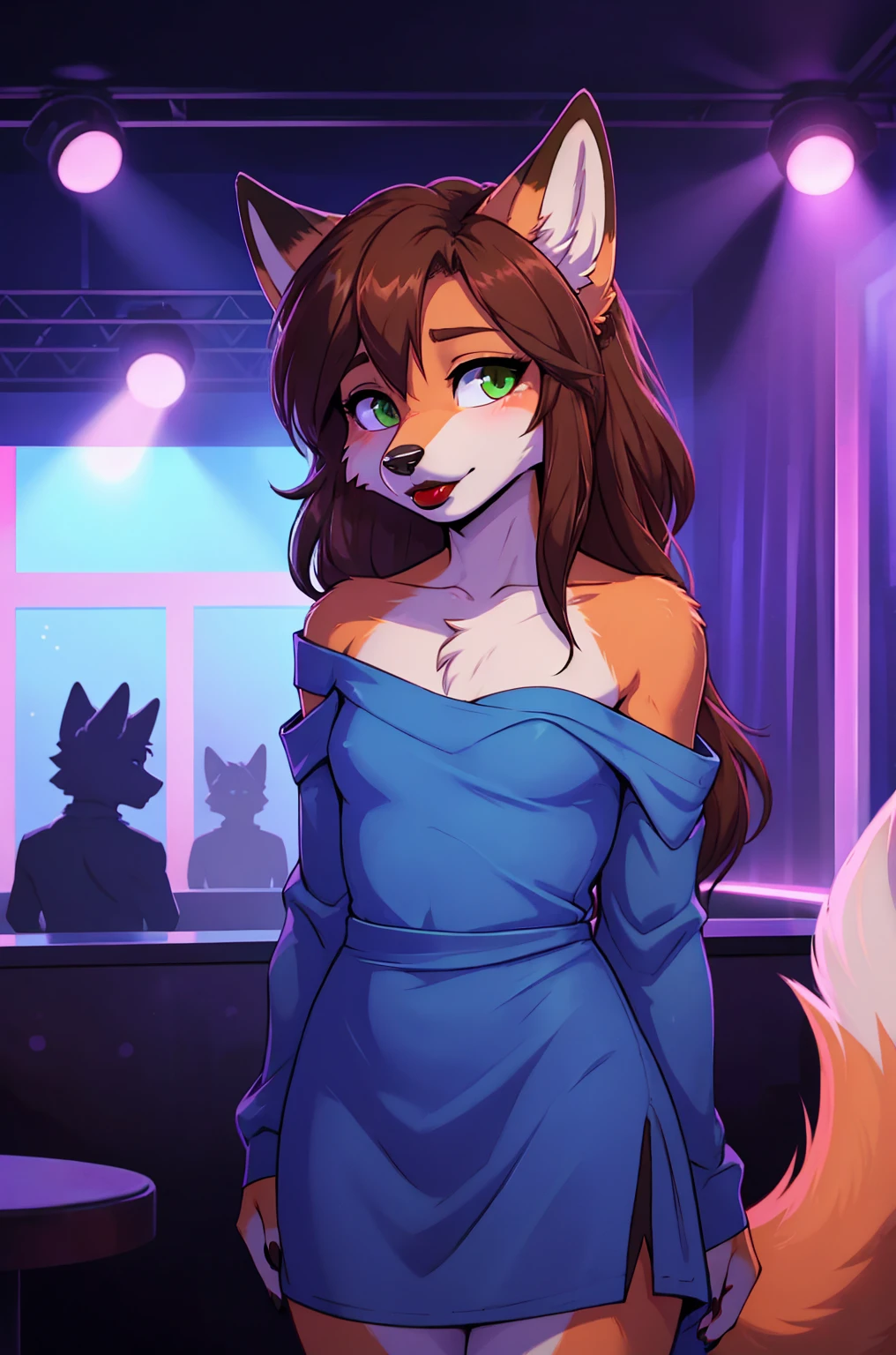 Best quality, furry male fox with green eyes, with brown long hair, with black spout, with red lipstick on lips, big lips, in a blue dress, crossdressing, shy, off-the-shoulder dress, flirts, sexy pose, portrait, against the backdrop of an empty nightclub