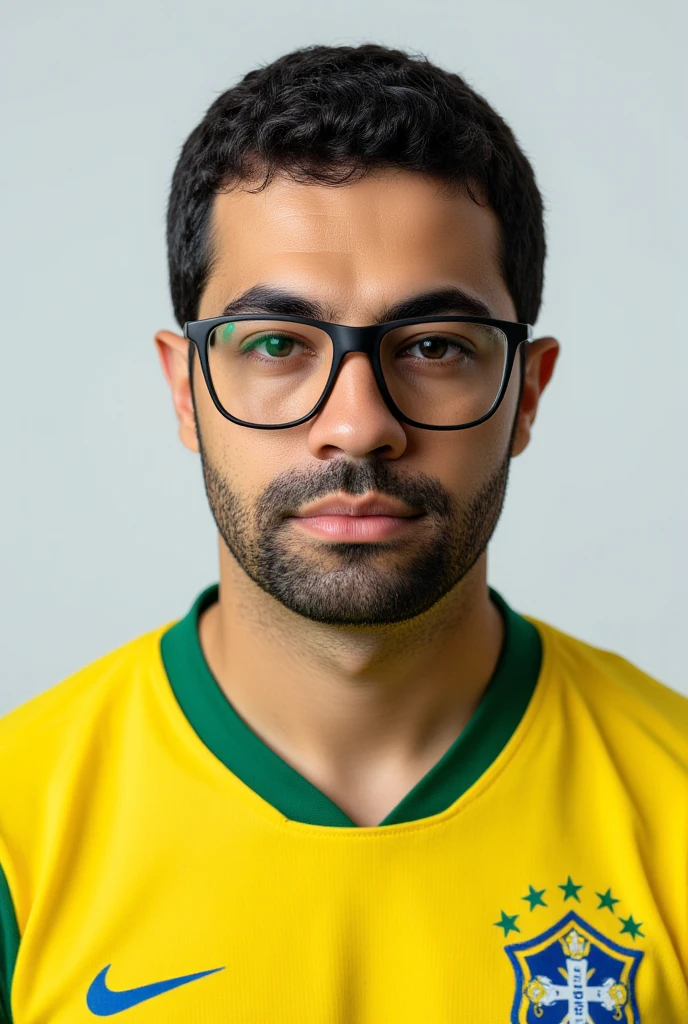 ((Masterpiece)), ((ultra-detailed professional portrait)), ((8k resolution)), BREAK — A **professional studio portrait** of a **man wearing glasses** and a **green and yellow Brazil jersey**, captured with exceptional clarity and precision. The image showcases **professional lighting**, ensuring even **illumination** across his face and upper body, accentuating the fine details of the **jersey's texture** and the **frame of his glasses**.  

The man gazes directly at the camera with a **neutral expression**, exuding a subtle mix of **confidence and approachability**. His pose is relaxed yet composed, emphasizing a professional and polished look.  

The **background is plain and neutral**, either **white** or **light gray**, designed to maintain focus entirely on the subject while creating a clean and modern aesthetic. The composition frames the man **from the shoulders up**, drawing attention to the vivid colors and intricate details of the **Brazil jersey**, creating a harmonious balance between subject and setting.  

**(professional portrait, Brazil jersey, man with glasses, confident expression, neutral background, studio lighting, sharp details, vibrant colors, shoulder-up framing)**  