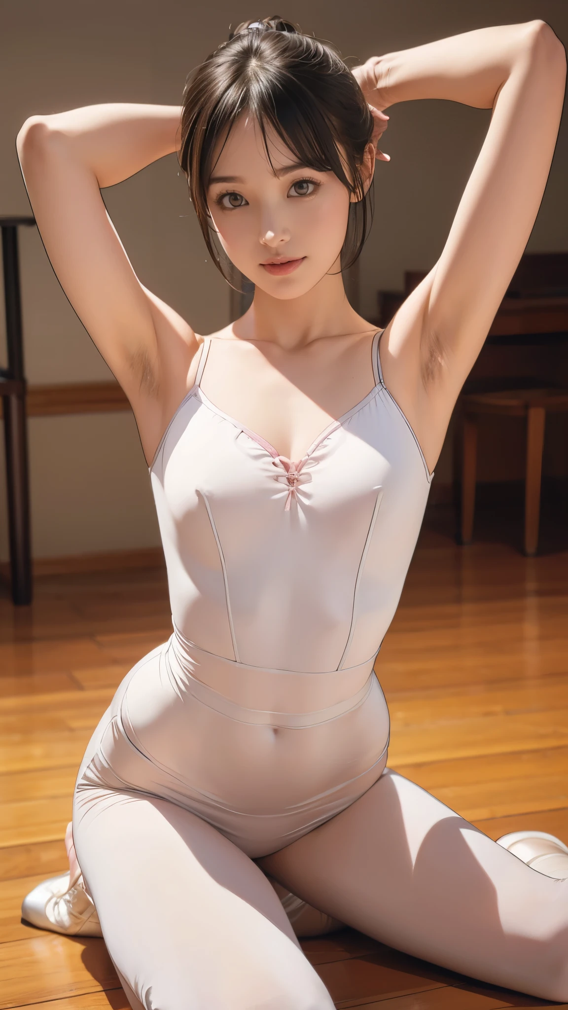 1 beautiful 10yo woman,(hyper detailed:1.5), masterpiece, photorealistic, realistic skin, full body,(white ballerina uniform:1.4),(mini skirt), full body,dynamic pose, (hair bun,top knot:1.0),  (realistic skin),(sweaty skin:1.0),(oily skin:1.2),pulled aside cloth,arched back,standing and raising 1leg,in studio,back view