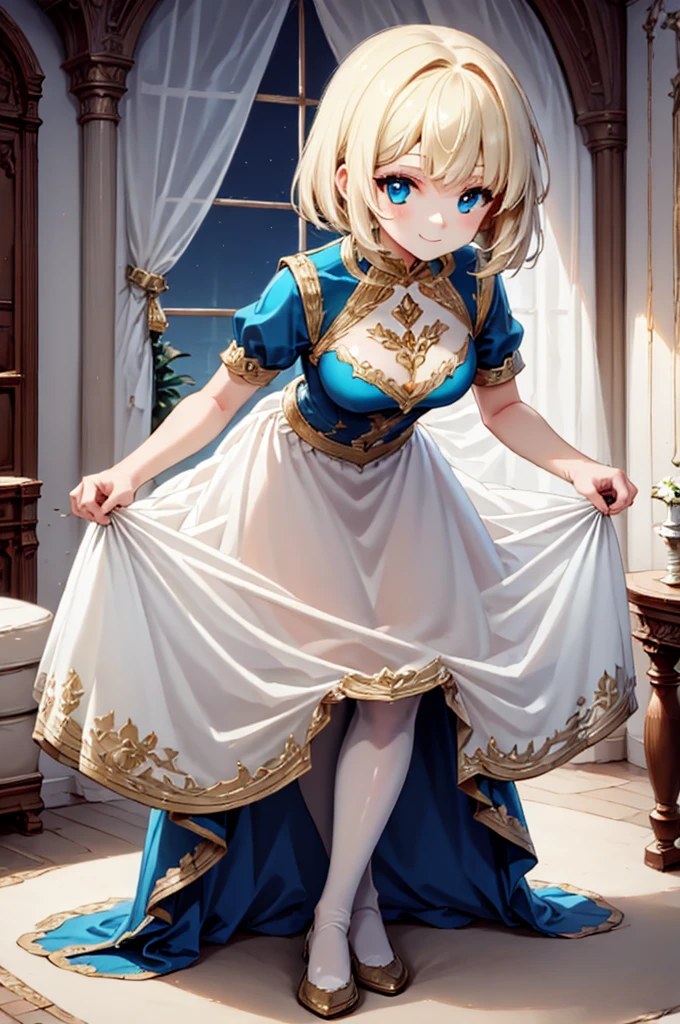 super fine illustration, best quality, -yeld beiful princess, short straight platinum blonde hair, vibrant cyan-themed otherworldly academy uniform, striking black knee-high socks, charming smile, looking up with upturned eyes, princess's face as the main focus, top-down camera angle, luxurious ornately decorated room background, gold and silver embellishments, finely carved furniture, crystal chandelier, opulent curtains, soft and warm lighting, elegant and fantastical atmosphere, highly detailed, anime style, 8K resolution