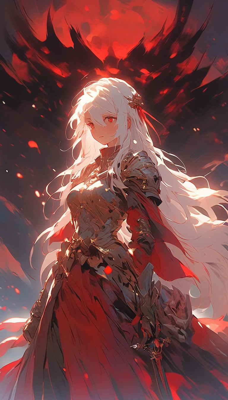 a ******* girl，White hair and red eyes，long white hair，Original Character、fantasy concept art、Best shadow、shallowdepthoffield、the emperor，Portrait of a noble knight、Dignified、Sad expression，streaming tears，Sophisticated tactical heavy armor、Tassel waistband、Hand Guard、Pauline、High quality armor texture，Stand up，Kneel on one knee，overcast day，Snow，（HighestQuali，astonishing detail：1.25），（solo：1.3），Brilliant and colorful paintings, anime style, chromatic aberration, cinematic lighting, reflection light, 8k, super detail, best quality, UHD, high details, textured skin