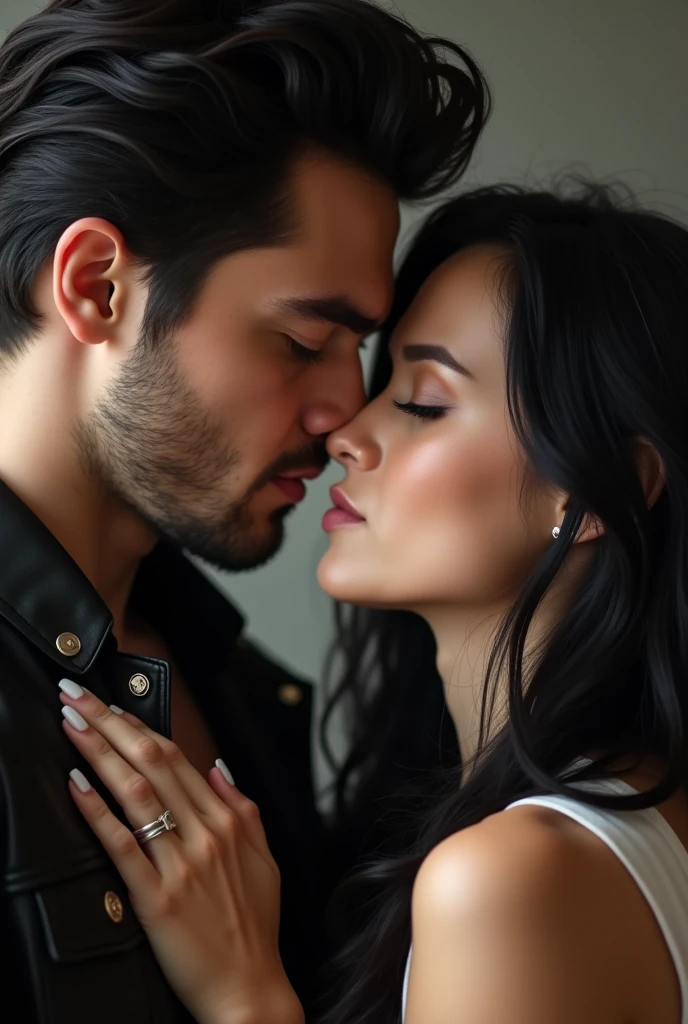 The tall, dark-haired man kissing the woman 