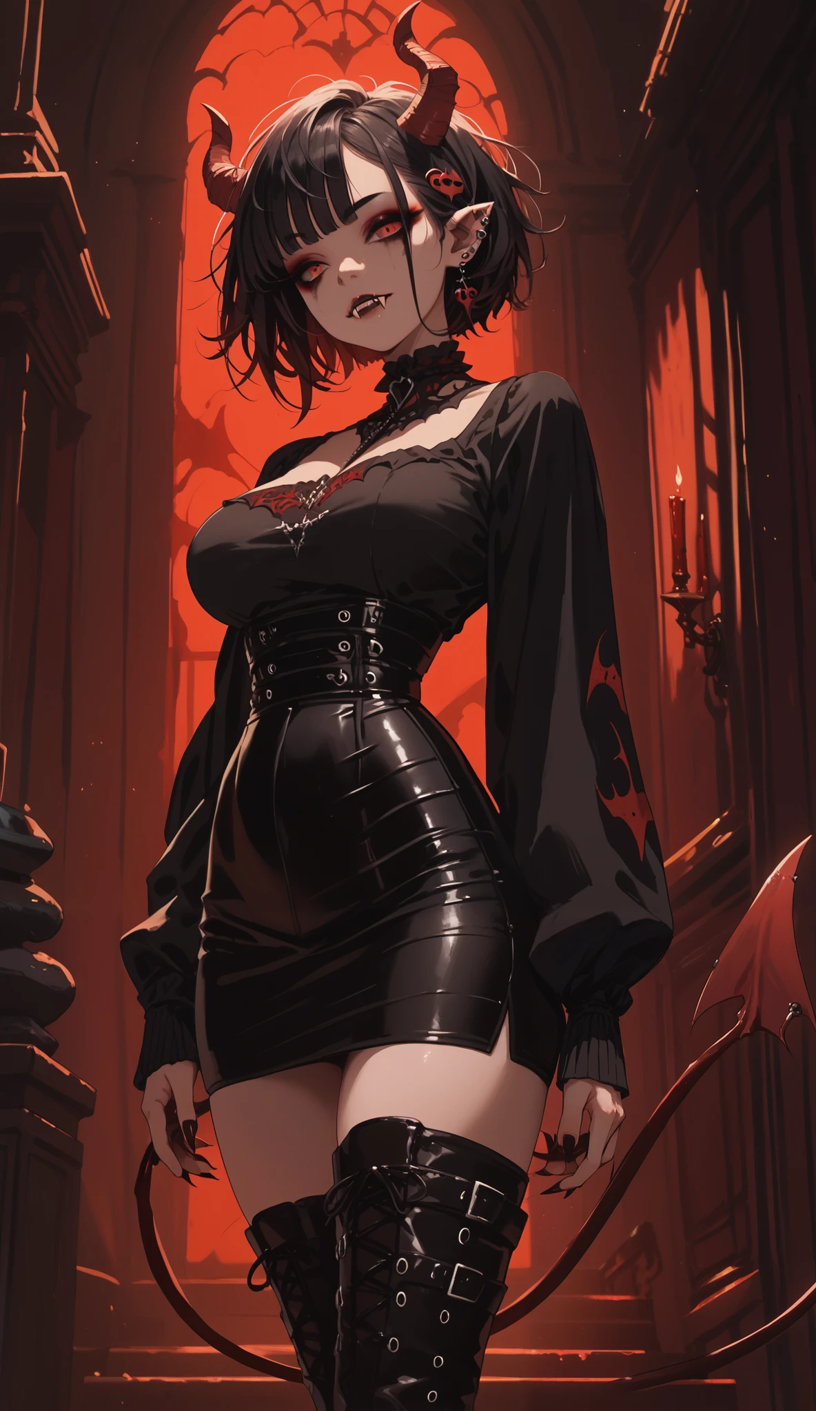 (1 girl) standing front, 1-mature woman, gothic, round breasts, slim waist, black hair with reddish streaks, messy hair, short bob-style hair, straight bangs on forehead, long side bangs, short hair extension to back, deep wine red eyes, soft makeup on the cheeks, soft gothic-style makeup on the eyes, vampire fangs, demon horns, in a tight casual blouse, sexy neckline, tight black skirt and punk boots with high heels, high stockings, demon tail, pointed ear tip with piercings
