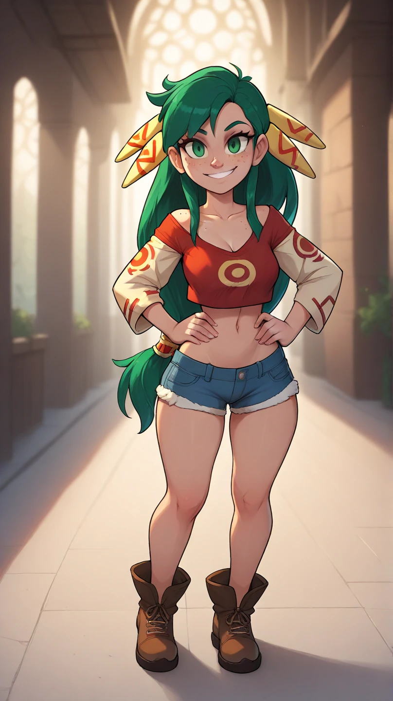 score_9, score_8, feena from grandia, teen, young, freckles, redhead, dreamy look, long hair, beauty, emerald eyes, smile, mega_tits:80, giant_tits, big_tits, masterpiece, high quality, very saggy tits, crop pullover, hot pants, cute face, high detail, full body view, 4k, no mistakes, unreal engine, dick in pussy from a guy