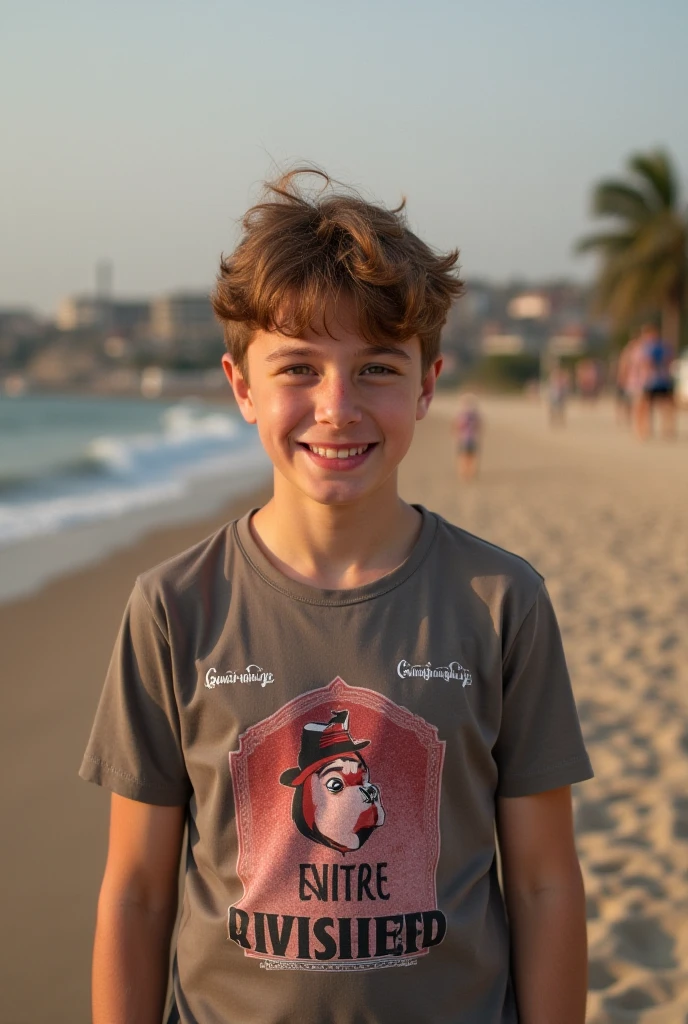 An 8-year-old European boy in a seaside town, early morning, sea, fishermen, boats, palm trees, lighthouse, seagulls, breeze, summer, morning, sunny, clouds, calm,