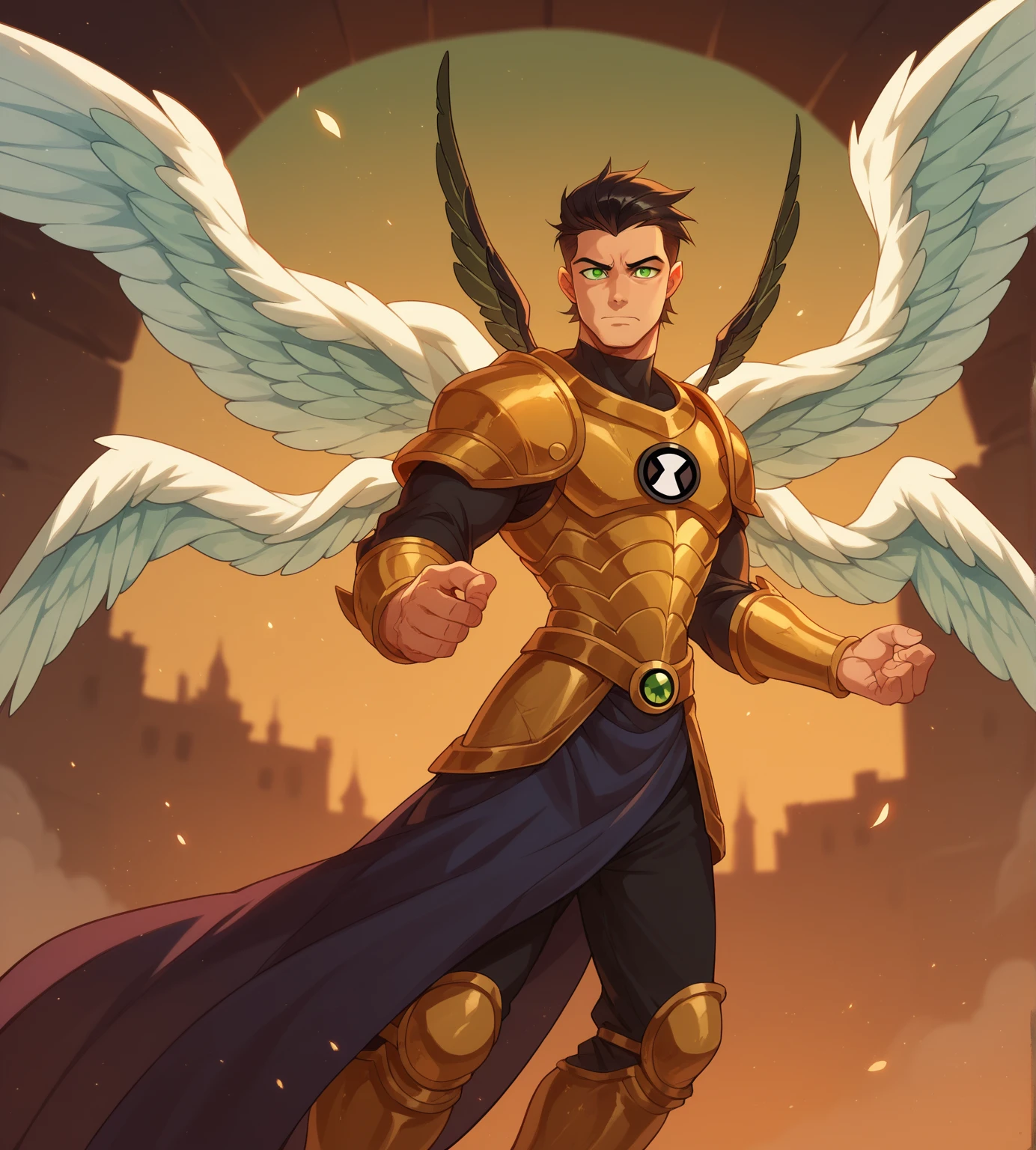 Black hair, green eyes, ben10, insignia, green eyes, armor, angels wings, 4 wings, face human, musculoso, mael_nantsunotaizai