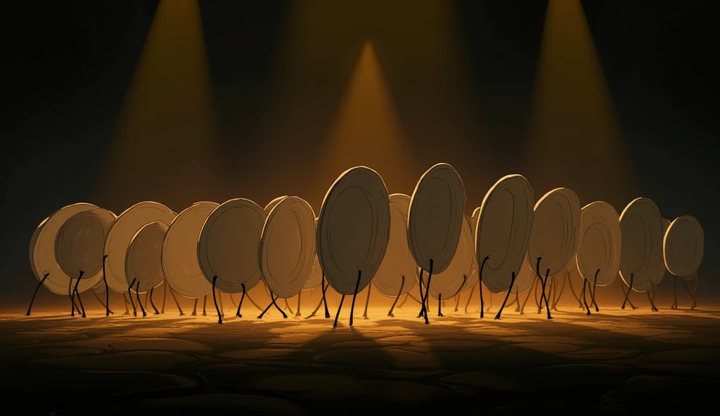  Make a horizontal column of plates placed standing and in single file , The plates have legs ,  they march like an army in the night and are illuminated by Miyazaki style stage lights