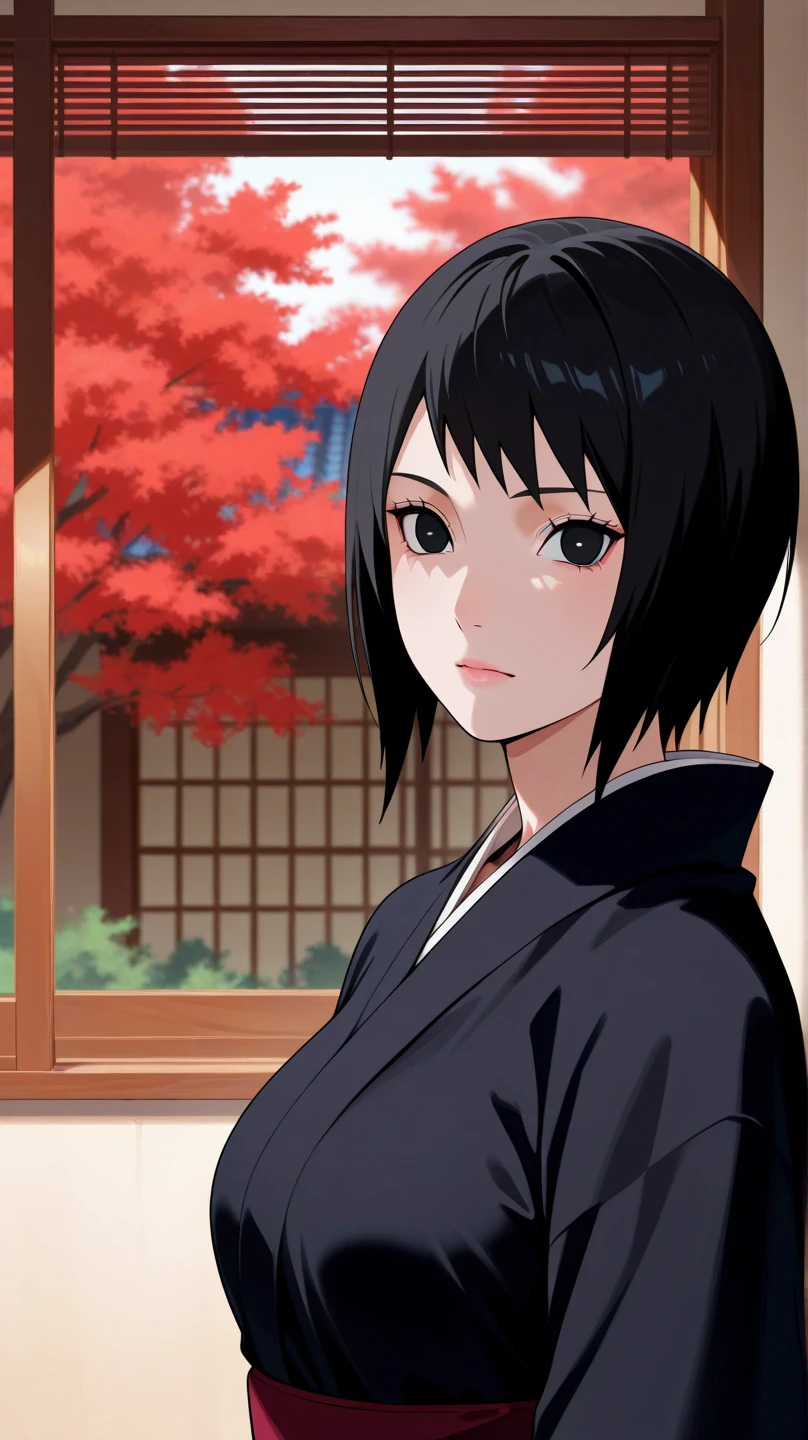 1girl, Solo, Shizune\(Naruto theme), Short Hair, Black Hair, Black Eyes, Black Kimono, Medium breasts, Upper Body, Looking at viewer, Window background