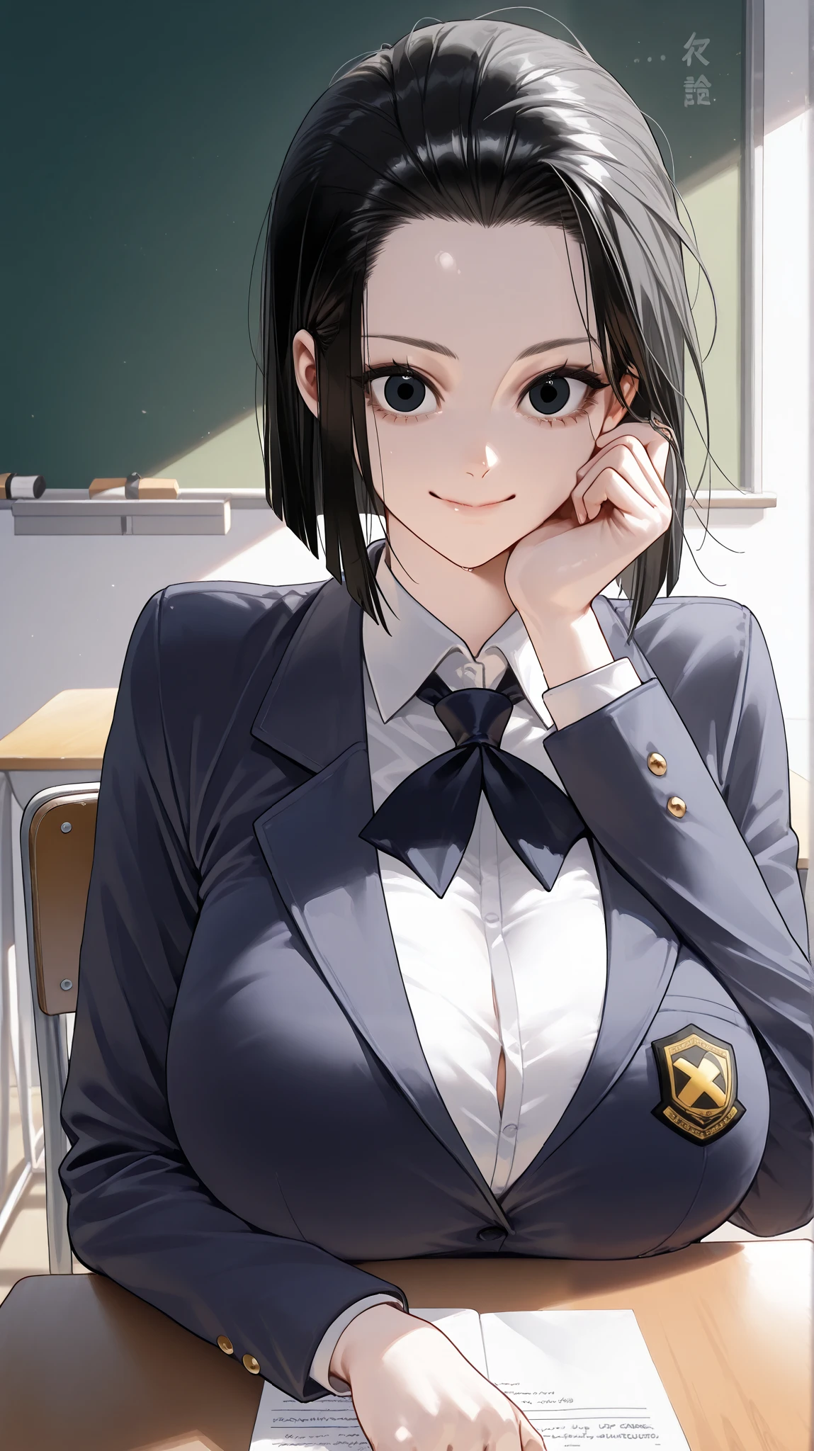 (걸작, 고해상도, 2k 해상도, 매우 상세한, best quality, finely detailed eyes and detailed face), (1 여자, 완벽한 얼굴), black_bob_cut, slicked_back, narrow_black eyes, 홑꺼풀, monolid, navy_school_uniform_blazer, white_school_uniform_shirt, navy_tennis_skirt, navy_tie, pretty, beautiful, huge_breasts, humongous_breasts, (front_half_body_shot), looking at viewer, closed_mouth_smile, adult, mature, sitting_on_school_desk_chair, alone, sunlight, sexy_expression