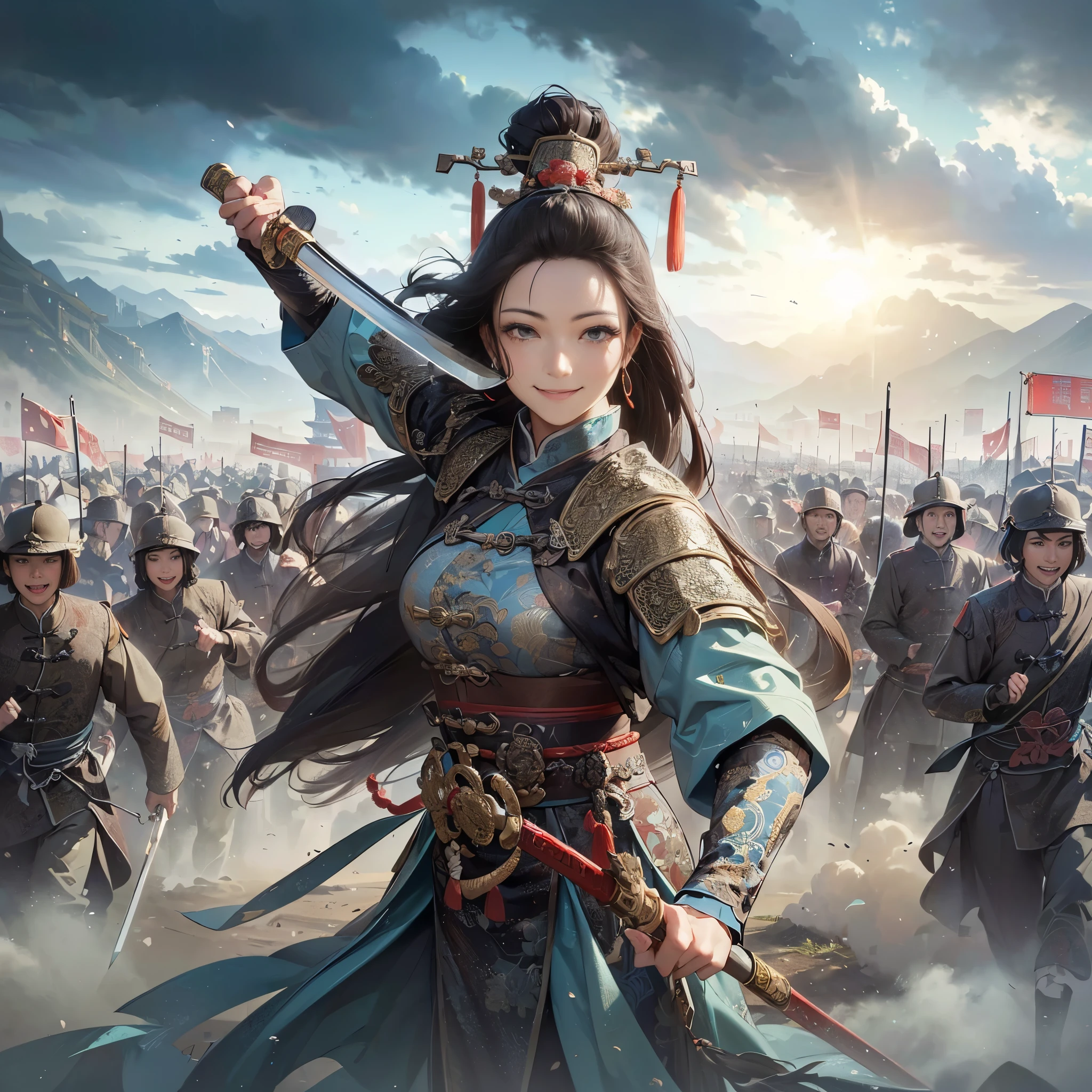 (masutepiece:1.2), (Best Quality:1.2), (high resolution:1.2), (beautiful face and eye:1.2), (sharpest focus:1.2), (Ultra-realistic Photo:1.2), (Ultra-precise Photo:1.2), (Depth of field:1.2), (perfect anatomy:1.2), (nice hands:1.2),
(perfect hands:1.2), (Chinese Song dynasty middle-aged female military chief:1.0), (female military commander leading daughter army with Chinese sword raised wide:1.0), (Fearless smile:1.5), (winning smile:1.5),
(daughter army approaching with a cloud of dust:1.0), (beautiful and magnificent natural land of Song dynasty China:1.5), (incoming clouds rising in the clear blue sky:1.0), (tremendous superlative perspective:1.0),