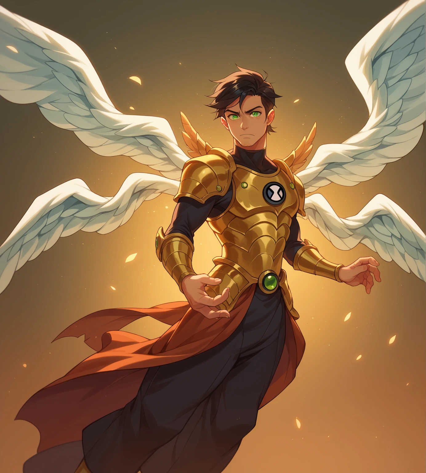 Black hair, green eyes, ben10, insignia, green eyes, armor, angels wings, 4 wings, face human, musculoso, mael_nanatsunotaizai