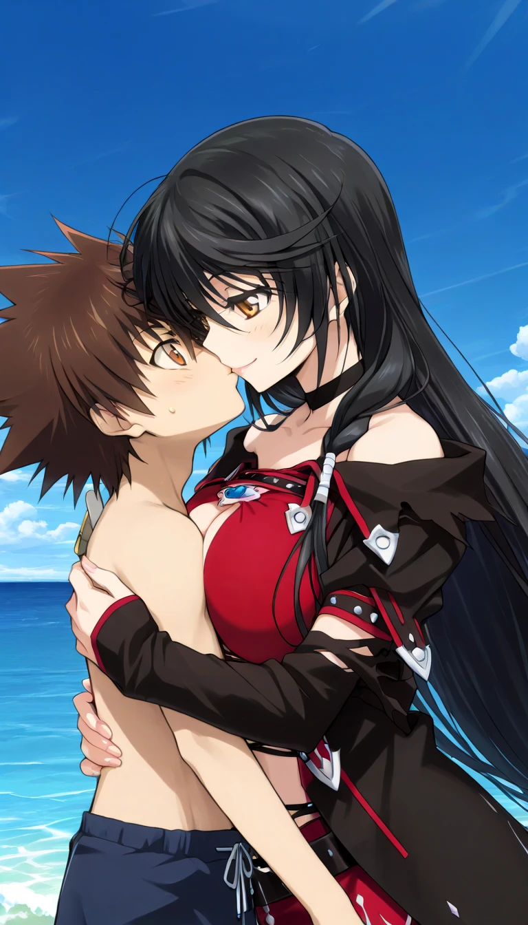 masterpiece,top-quality,source_anime,best quality, clear face,Velvet Crowe,tales of verseria,1girl,solo,black hair,very long hair,gold eyes,very large breasts, perfect body,beauty,very huge breasts,narrow waist,bust size is 250cm over,sexy,seductive anime girl,One Shota,Tsunayoshi Sawada,tsuna_hyper,A boy with very messy brown hair,she has black hair,she has black hair,she has black hair,she has black hair,she has gold eyes,he has very messy brown hair,he has very messy brown hair,he has very messy brown hair,she has gold eyes,she has gold eyes,he has orange eyes,he has orange eyes,he has orange eyes,sea,she is smiling seductively,Boy and woman are kissing,Boy and woman are hugging,5 fingers,Beautiful fingers,swimwear