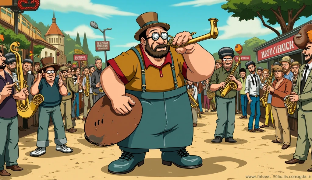 Sturdy man with glasses , A barba,  brush hats and kitchen apron parades at the head of a jazz band walking in single file, top view , stile cartoon di Miyazaki