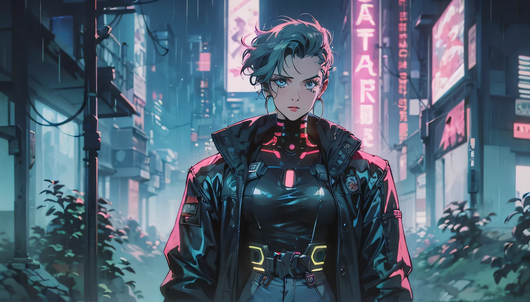 Cyberpunk, woman staying, Cyberpunk Hacker, future city, neon lights, Front view, Waist Shot, detailed face, detailed eyes