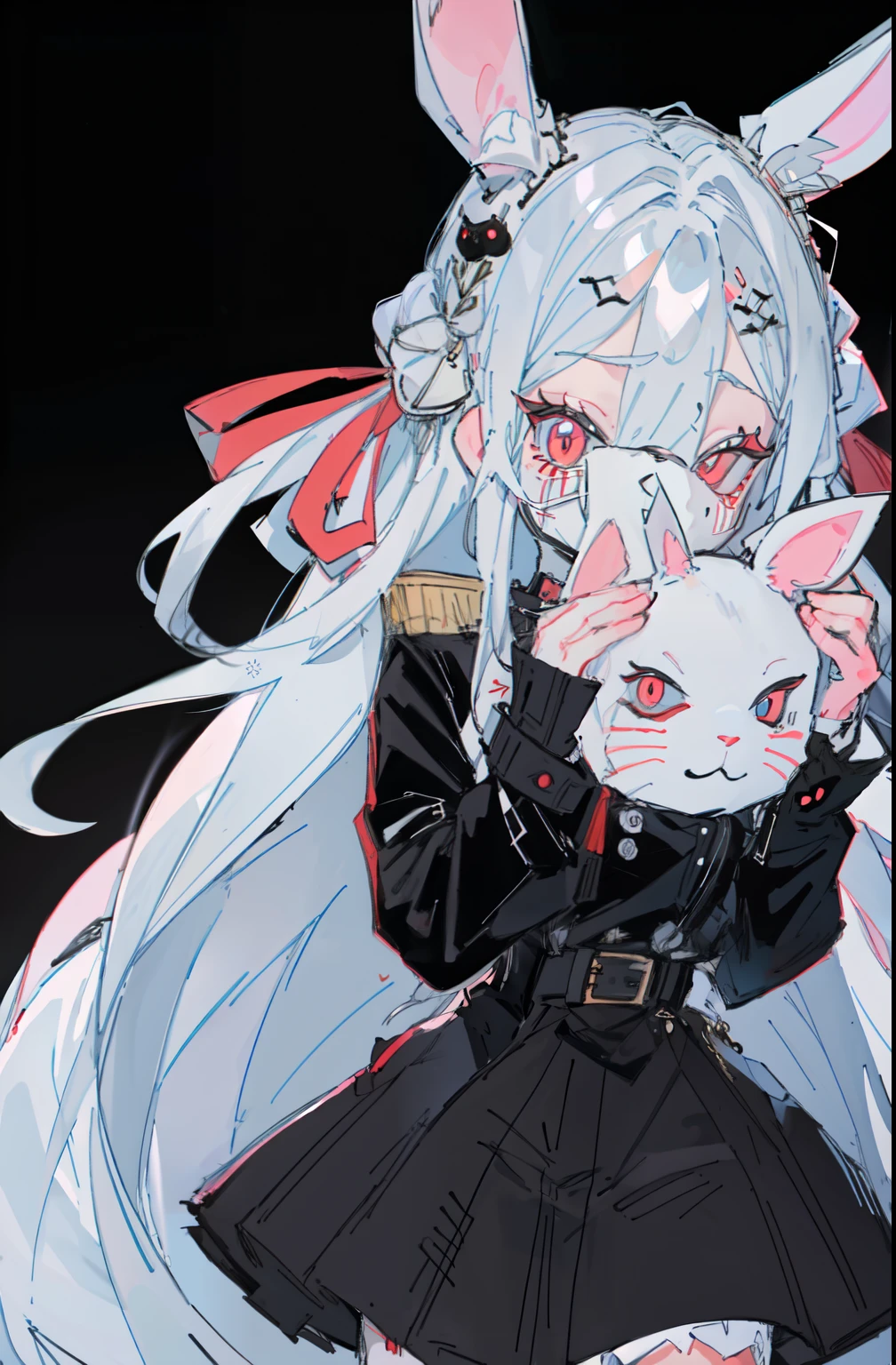 Beautiful girl with long white hair, a quarter of his face covered by a black rabbit mask with one red eye,, pretty eyes, cute white body, a black sweater with a red logo, and a black skirt and long stockings with red and gray Anime version