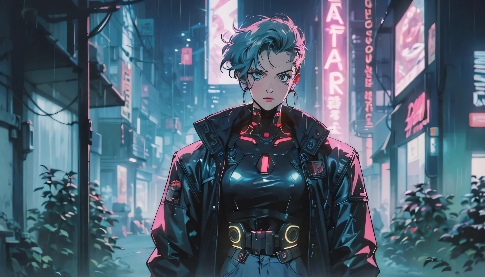 Cyberpunk, woman staying, Cyberpunk Hacker, future city, neon lights, Front view, Waist Shot, detailed face, detailed eyes