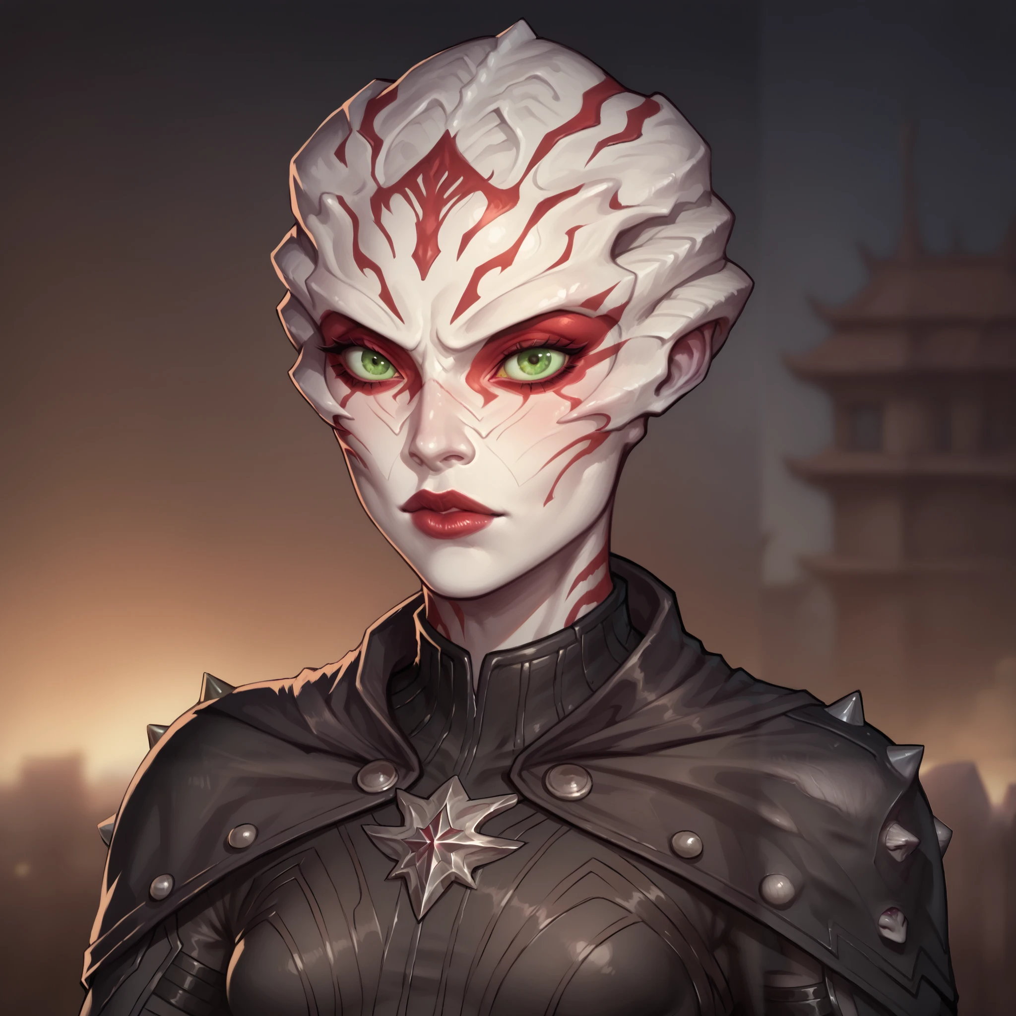 (((beautiful, high quality, comics style, detailed face))), score_9, score_8_up, score_7_up, BREAK, bust shoot view, solo, 1girl, ((parshendi, alien, carapace, white skin with red marbling)), green eyes, slender, small breasts, black studded jumpsuit, cropped cloak, leather bracers, fantasy background, blurred background, Expressiveh, DeepNegative_xl_v1, detailxl, zPDXL2