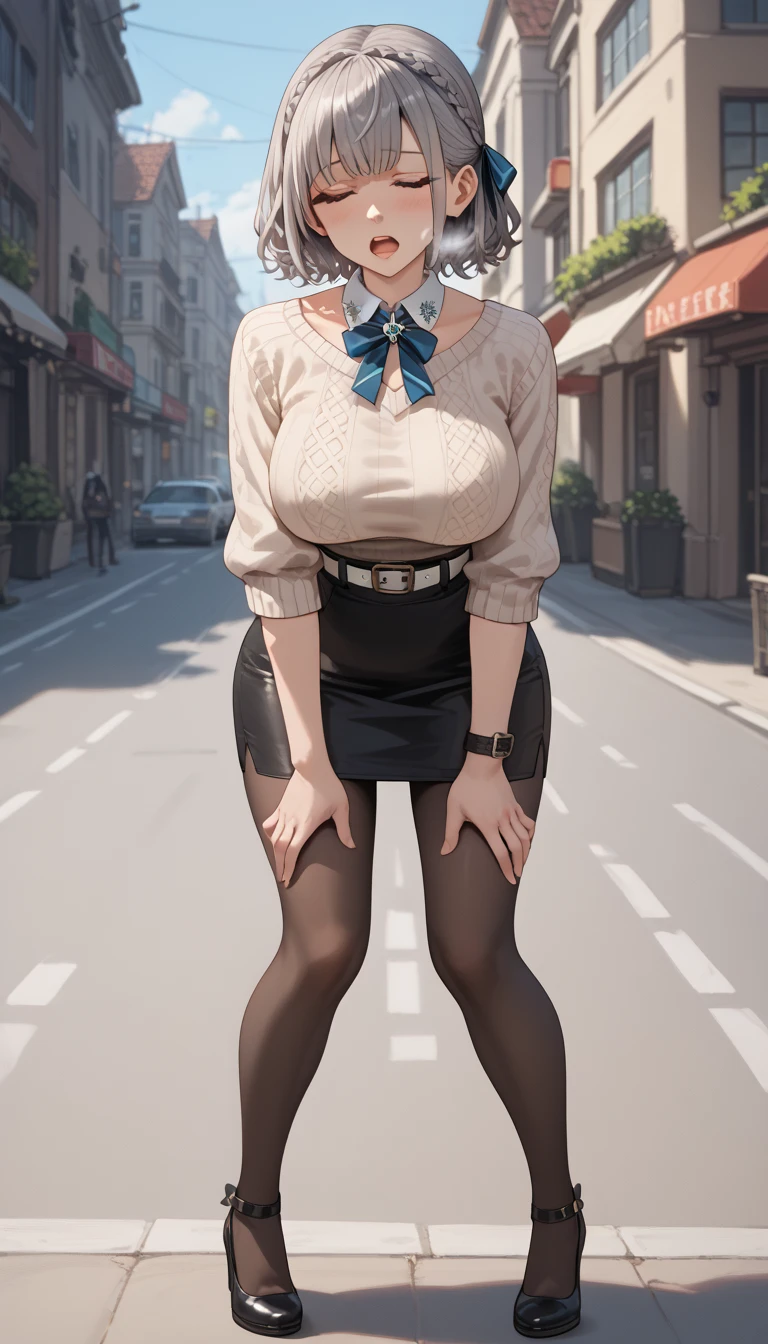 ultra-detailed, 1girl, solo, (behind shot), (behind view), (perpespective from behind), shirogane noel, (masterpiece)), (best quality), (highres), 16K, braid, french braid, green eyes, grey hair, hair ribbon, ribbon, short hair, snowflake choker, wavy hair, mole, mole on breast, pantyhose, belt at waist, white belt, cute belt, official alternate hairstyle, sweater, high-waist skirt, pencil skirt, busty body, large breasts and a beautiful ass, showcasing cleavage, legs, hips, detailed face, detailed hair, detailed full body, street background, (((bending forward))), (standing up), (((hands touching knees))), exhausted, moaning, heavy breathing, worried expression, mouth open, ((eyes closed)), ((in peril)), ((struggling)), (in agony)