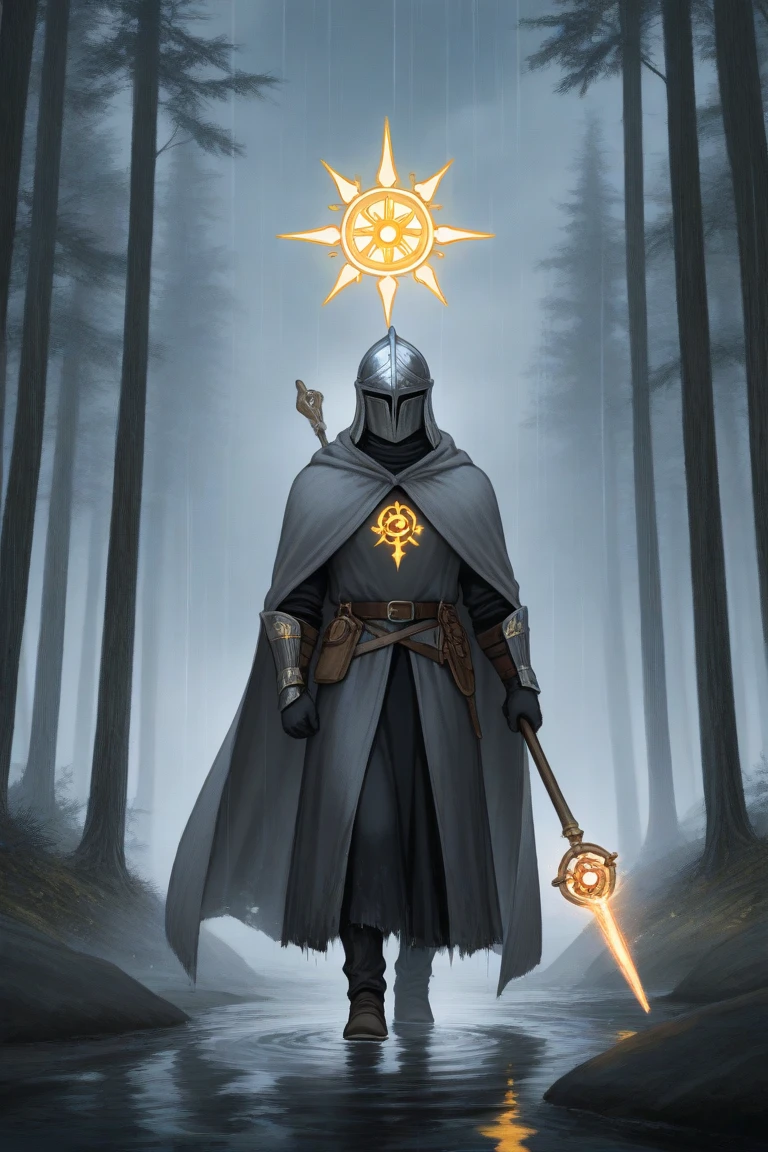 The man is holding an extraordinary staff in his hand, the tip of which resembles the sun only in the 2d plane and with a cutout in the middle, he is wearing a gray cloak that has already been soaked in the rain, the outlines of armor are visible in the section of the cloak, hands in gauntlets, the face is hidden by a helmet decorated with strange paintings in an obscure language. In the background, there is a forest underfoot, a path in which a cart is parked, and the weather is cloudy. Dark fantasy, 8k