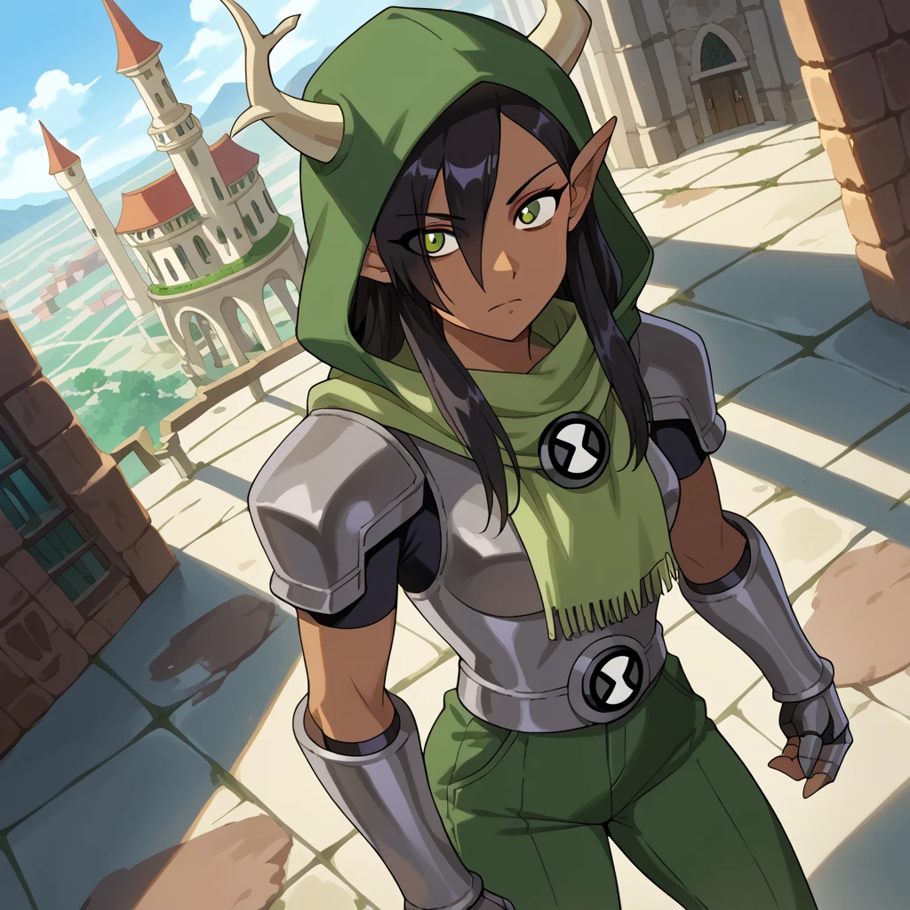 score_9, score_8_above, score_7_above, source _animated, Olgadiscordia , Olga Discord, long hair, black hair, green eyes, very long hair, pointy ears , dark skin , hair over an eye , hembra de dark skin , elf, dark elf, outdoor, urban landscape, looking at the viewer , Dutch angle, cowboy shot, green hood , green scarf, ninja scarf, túnica, bull horns, coming out of each shoulder, metal gauntlets, bear claw, Big boobs, green armor, túnica, long pants, green pants 1 woman, metal armor, tucnica de maga, black metal armor, ben10, insignia