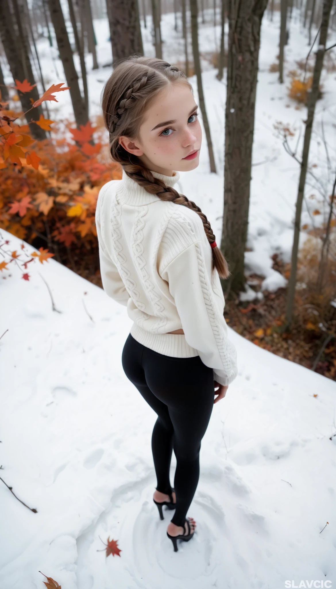  for a very young girl ,  god , posing ,  lean physique , Slavic appearance,  Small chest ,  small ass ,  long blond hair ,  braided in the tail ,  high school ,  in a short black school sweater with a white collar,  in miniskirt , standing with your back in front of the viewer, ass, flirts ,  black pantyhose , full body , 4K ,  black pantyhose  ,  in the forest  ,  deep autumn  , first snow  ,  in sandals on a high platform and high heels, (bottom view: 1.6),