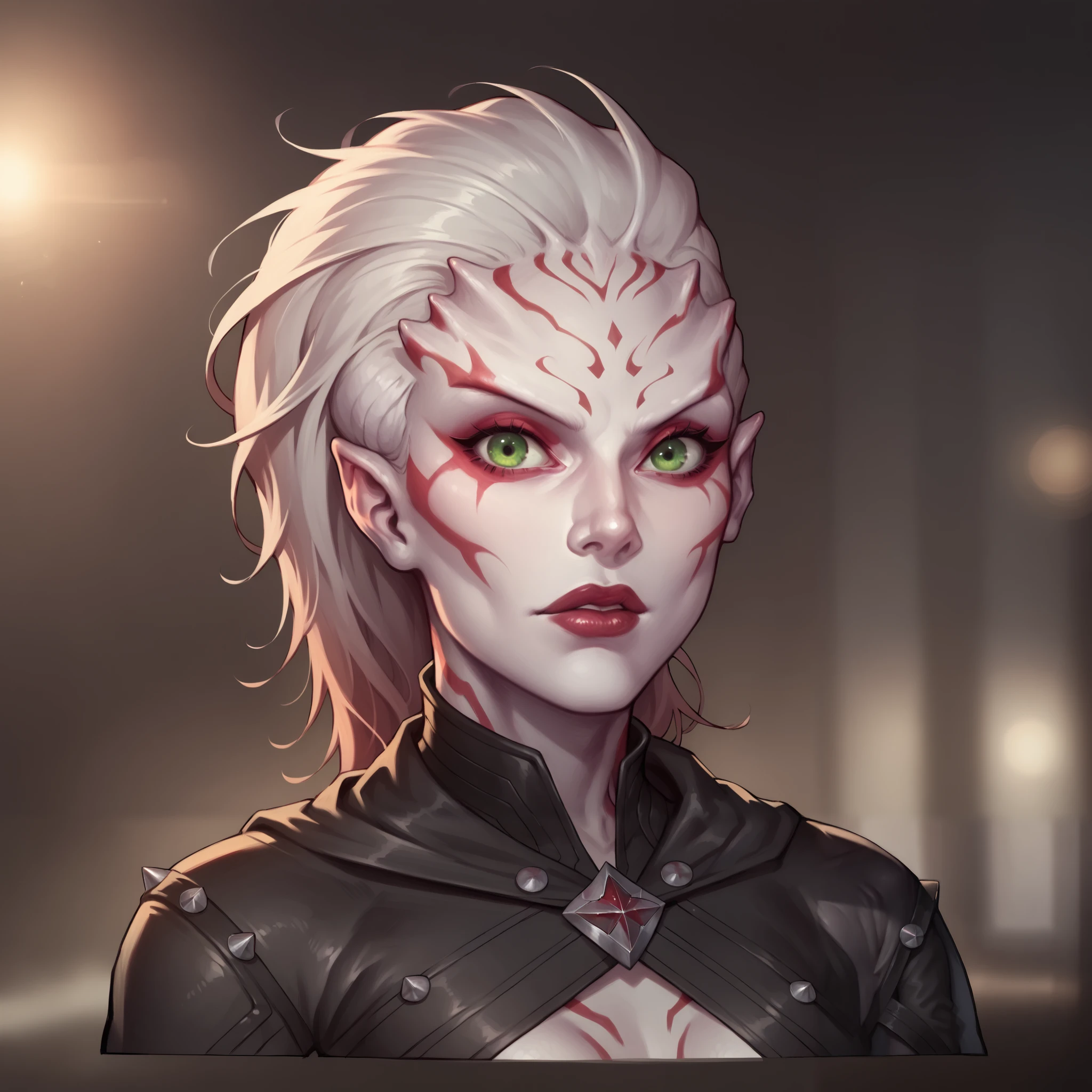 (((beautiful, high quality, comics style, detailed face))), score_9, score_8_up, score_7_up, BREAK, bust shoot view, solo, 1girl, ((parshendi, alien, carapace, white skin with red marbling)), green eyes, slender, small breasts, black studded jumpsuit, cropped cloak, leather bracers, fantasy background, blurred background, Expressiveh, DeepNegative_xl_v1, detailxl, zPDXL2