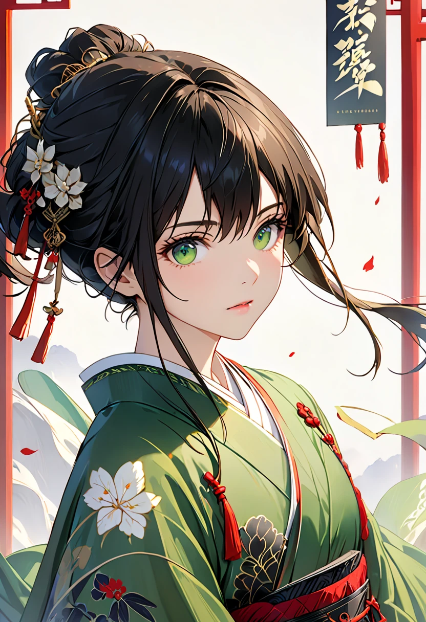  1 girl, heroine,  handsome,  scattered ink , Chinese Armor, ( upper body),  black hair,  floating hair ,  Delicate Eyes, black and green antique damask hanfu, Fob, (1 1 1.8), (Masterpiece), (  as a portrait shot),  front shot ,   white background  , ( movie poster), arms