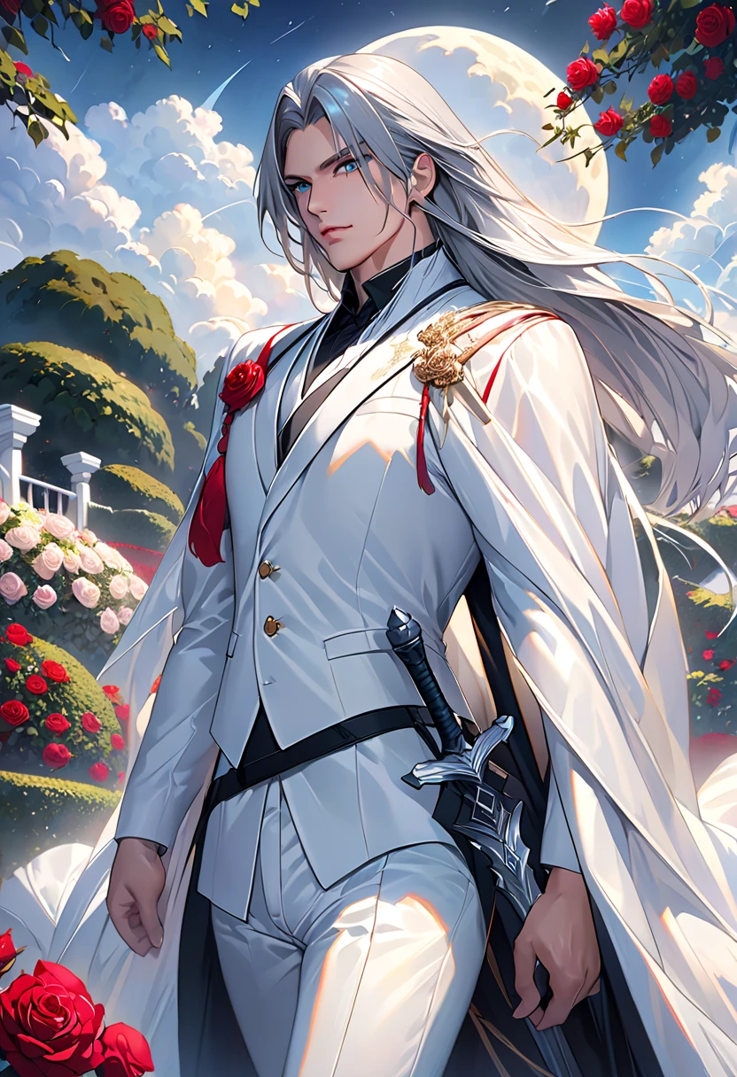 Masterpiece,  best quality , ( Solo Focus ), ( perfect face:1.1), ( high detail:1.1), ( super detailed eyes), dramatic,  man with white skin and long rich gray hair, White Eyes, Alone,  long hair, Sephiroth, moon,   knight ,  White Luxury Suit ,   cover navel,  plump lips , fur, Haughty expression,  Rose Garden ,  detailed background, Art by artgerm,  cinematic lighting, Rose, fashion, Balenciaga style