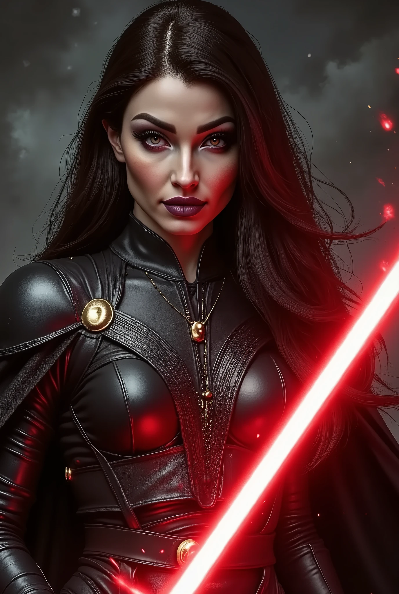 full body shot, female warrior, sith lord, star wars, red lightsaber, intricate details,beautiful detailed eyes, beautiful detailed lips, extremely detailed face, long eyelashes, evil look, diabolic, dramatic lighting, dark fantasy, chiaroscuro, cinematic composition, dramatic pose, dynamic action, moody atmosphere, deep shadows, vibrant colors, photorealistic, 8k, masterpiece