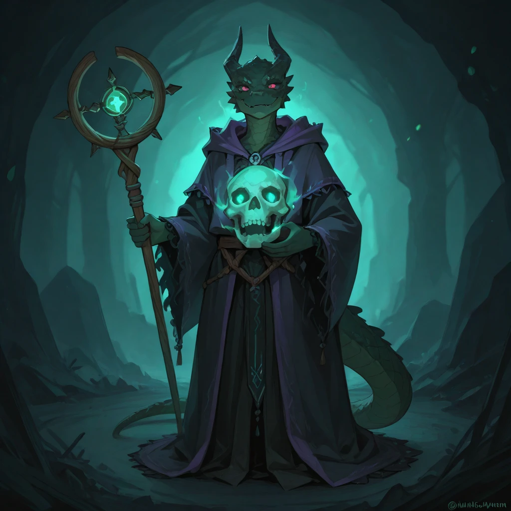 A small, sinister female kobold witch with dark green scales and glowing red eyes, dressed in tattered robes adorned with bones and small charms. She holds a twisted wooden staff topped with a glowing purple crystal, and her posture is hunched and menacing. She has a little skull hanging at their hip. Surrounding her are faint magical runes glowing in the air, and the background is a dark cave lit by eerie green light.