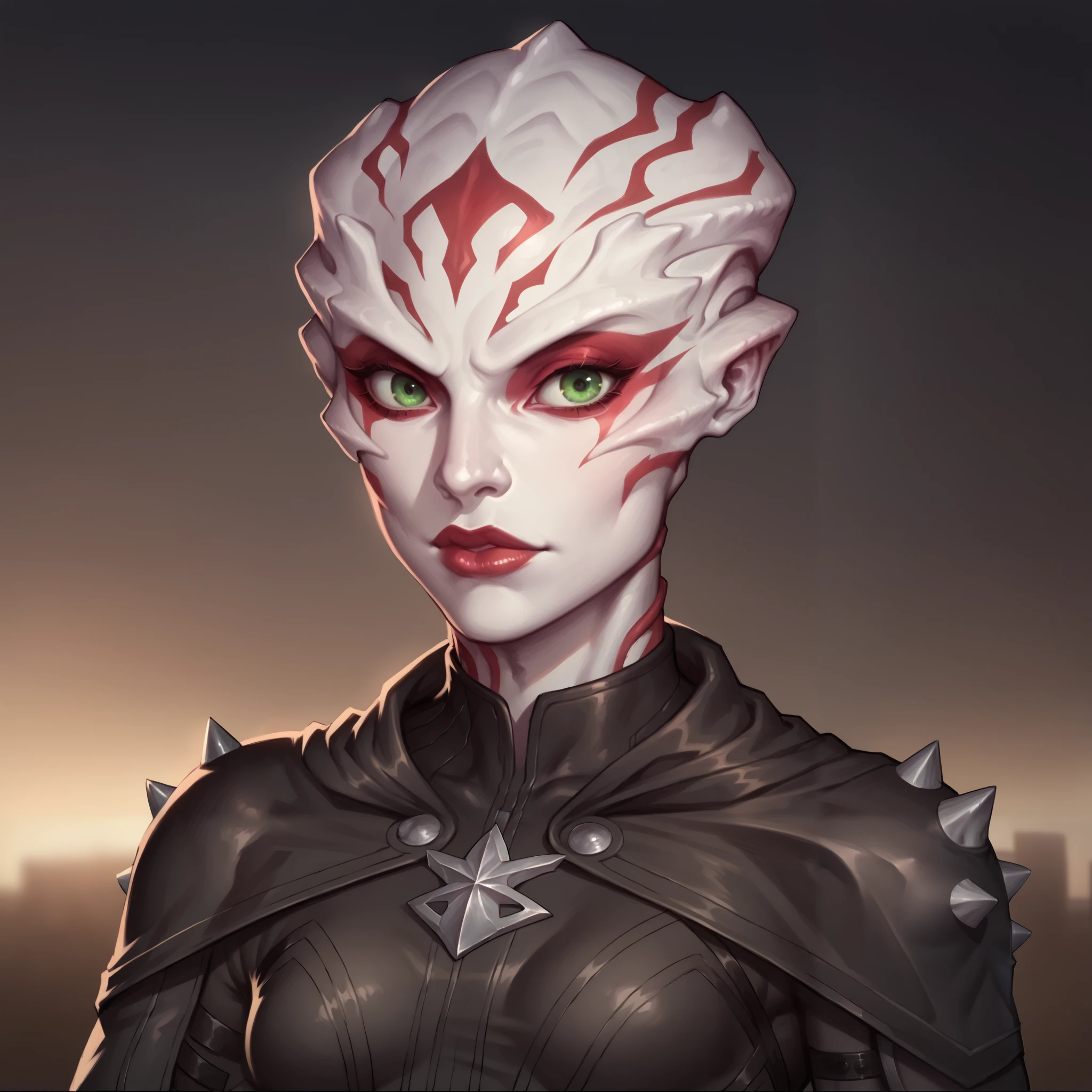 (((beautiful, high quality, comics style, detailed face))), score_9, score_8_up, score_7_up, BREAK, bust shoot view, solo, 1girl, ((parshendi, alien, carapace, white skin with red marbling)), green eyes, slender, small breasts, black studded jumpsuit, cropped cloak, leather bracers, fantasy background, blurred background, Expressiveh, DeepNegative_xl_v1, detailxl, zPDXL2