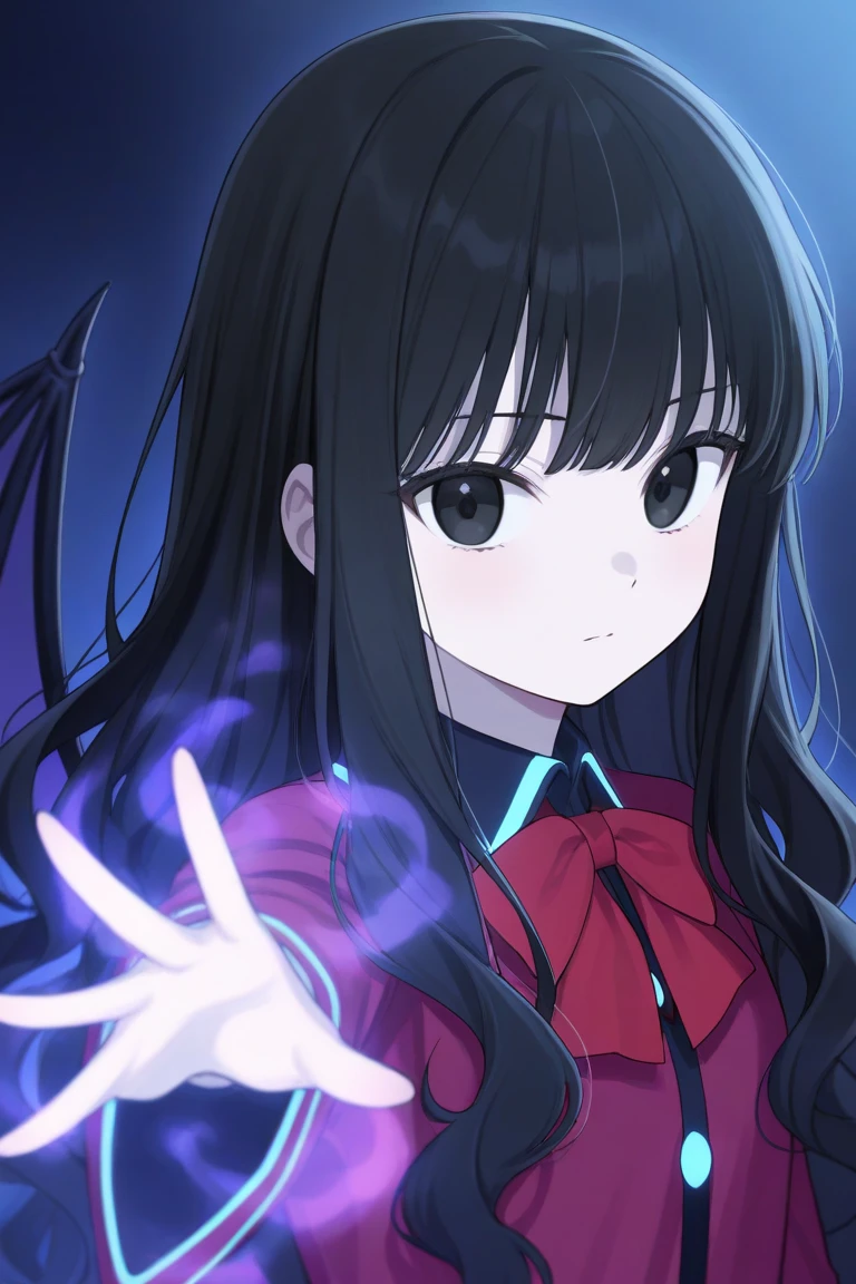 Black girl,  anime girl image, beautiful,  black eyes,  Long Black Hair , wavy hair,  Magic Uniform, Half Witch , half demon, Hornless Demon, Blue Powers