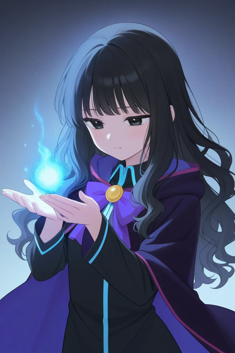 Black girl,  anime girl image, beautiful,  black eyes,  Long Black Hair , wavy hair,  Magic Uniform, Half Witch , half demon, Hornless Demon, Blue Powers