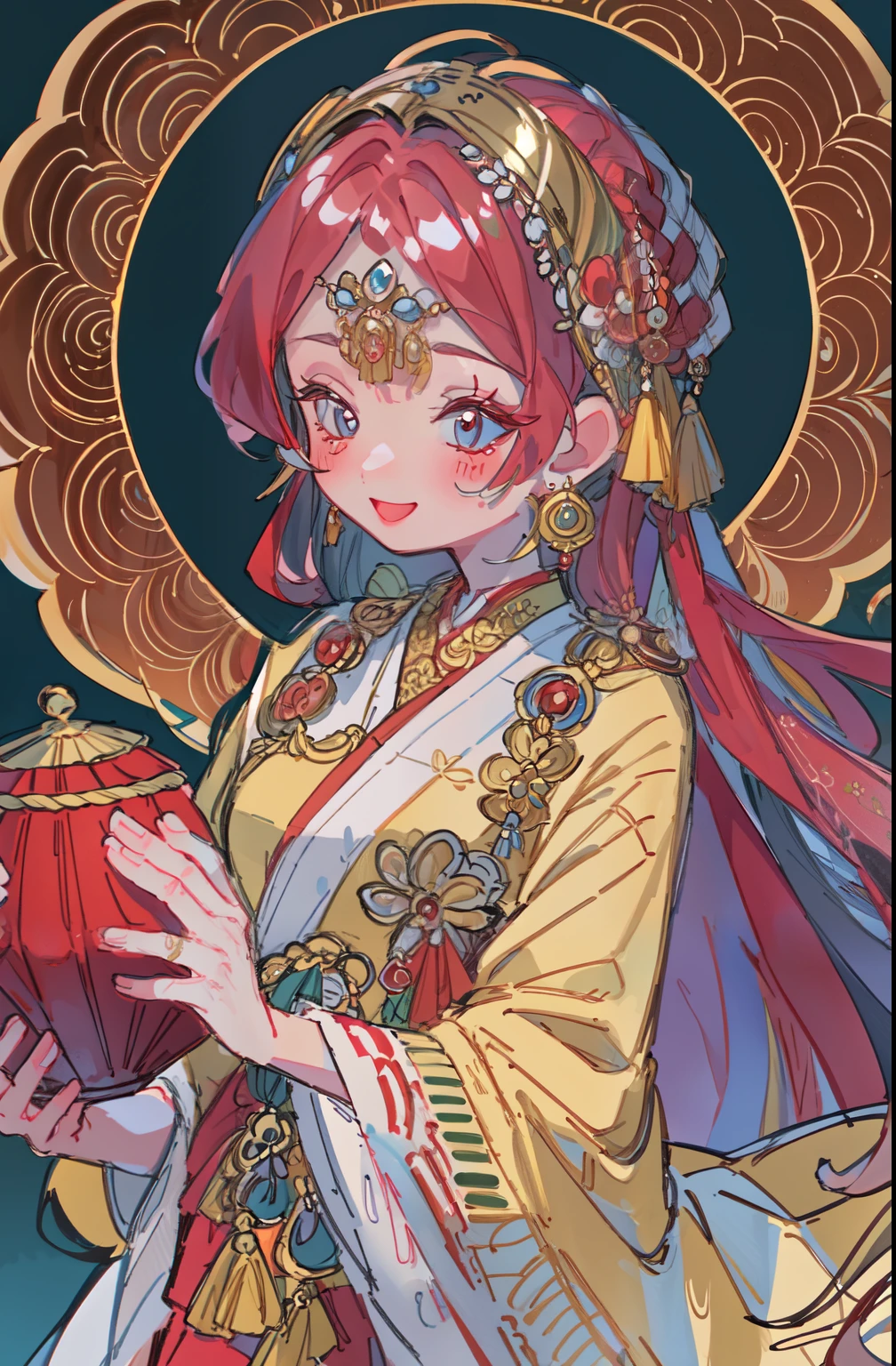 God of wealth， caishen ， A happy Asian woman wears a traditional red and gold outfit with a matching hat.  She stands at a door ，  holding a wicker basket full of shiny gold coins .  The background shows a cherry tree with bright red flowers ，  and the door is wide open ，  leading to a peaceful outdoor scene .  The style is super detailed ，  with bold colors and intricate patterns .,