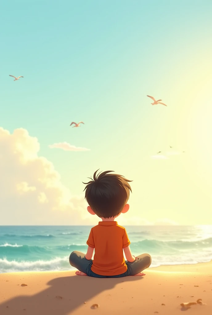 boy sitting on the beach sand