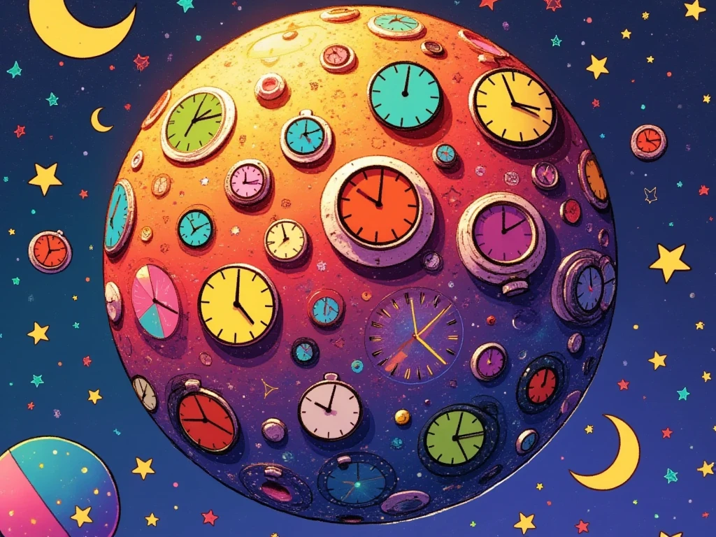 Imagine a giant planet in the center of a galaxy. The surface of this planet is completely covered with clocks of all shapes and sizes. The dials are analog, with backgrounds in vibrant colors such as purple, blue, yellow, red and lime green. The background of the image is dark space and bright stars in the distance. The numbers on the clocks are modern.