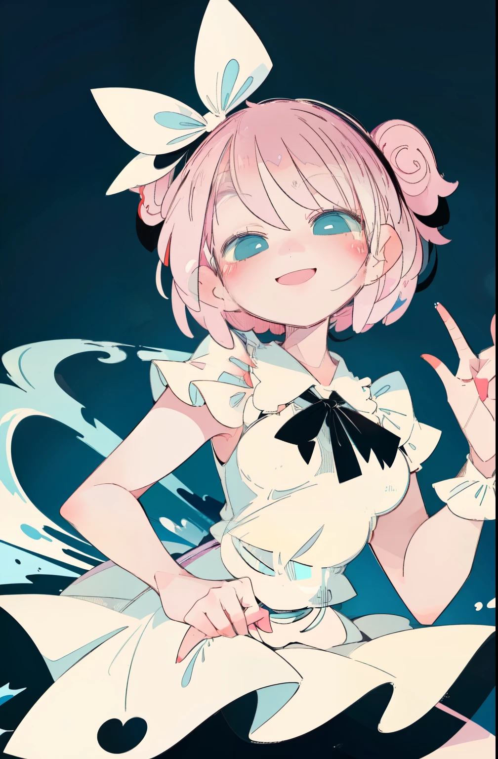 1 girl\((Pinky Pop Hepburn \(vtuber\)),  dynamic position ,smile,beautiful,wink,beautiful hand sign,  asymmetric short dress white, ( black finger cover ), blue ribbon tie ,  sleeveless\),minimalist,vivid color, pop art, masterpiece,  Better Quality,3d model