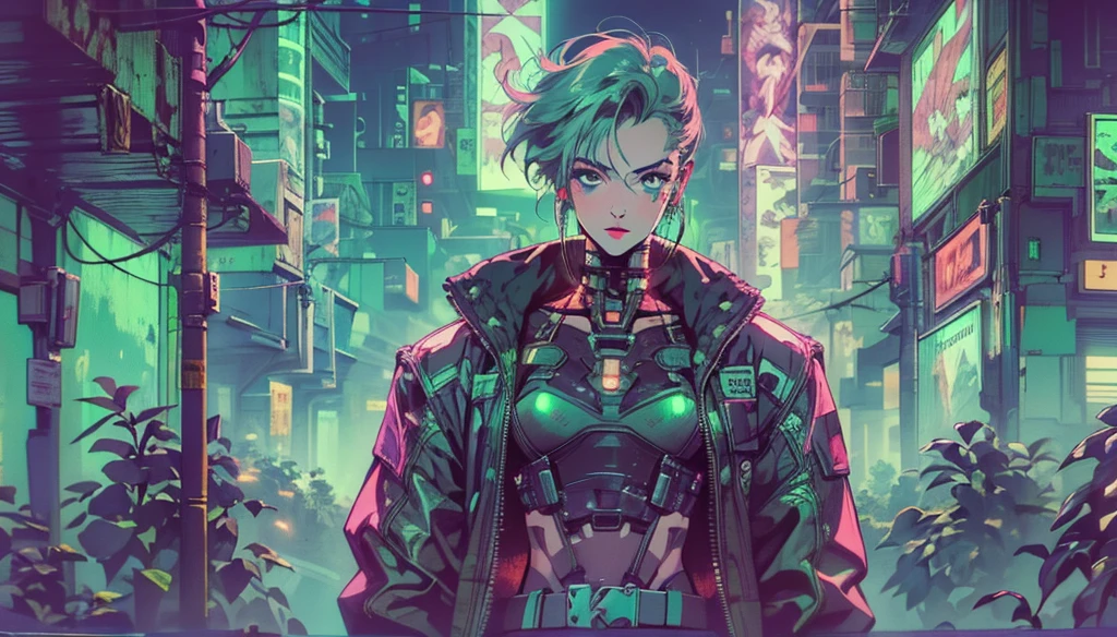 Cyberpunk, woman staying, Cyberpunk Hacker, future city, neon lights, Front view, Waist Shot, detailed face, detailed eyes