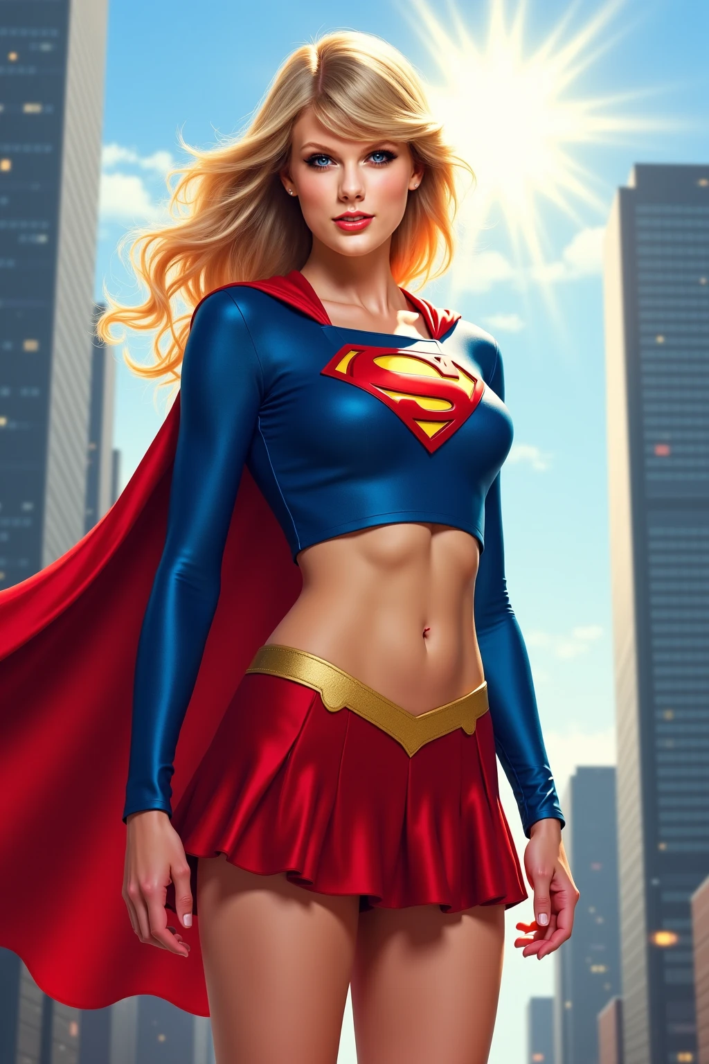 Create the super girl, photo of (Supergirl:1.1),short hair, clothes destroyed because of an explosion ,where part of her body is exposed, (exposed breasts and no panties), Full body photograph of the most beautiful artwork in the world, a beautiful woman in intricate costume burning in the desert, rainbow colors, ArtStation, CGSociety, complex, high detail, clear focus, dramatic, realistic pictorial art trends Greg Rutkovsky