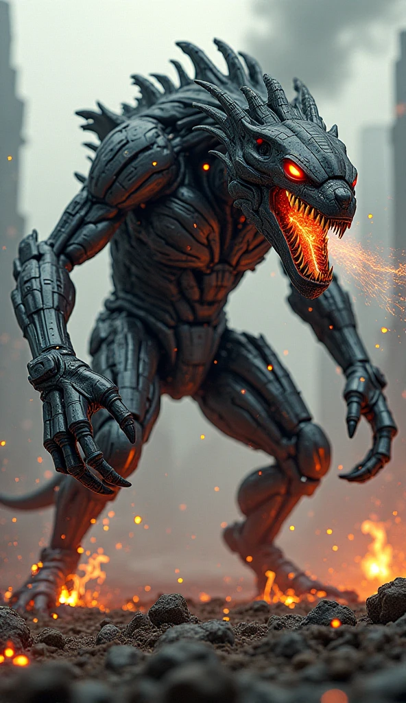 woman,  bone, sharp_teeth, tongue_out, glowing, glowing_eyes, ribs, <lora:EdobMonsterFemale2_v2.0:0.7> explosions in the background, night sky, full body shot (Realisitc:1.5) woman terminator, big breasts, <lora:EdobTerminatorHybridFemale_v1.0:0.5>