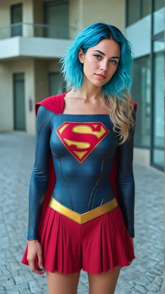 8K, Top Quality, Intricate Details, Ultra Detail, Ultra High Resolution, Masterpiece, close up shot, (full body: 1.1), Slender, Smile, (Makeup: 0.4), (Fluffy Blue Eyes: 1.21), (()), 1girl, solo, 1 girl, ((blue hair, bangs)), close up shot, , ((tall)), (((fit body))), (((slim face))), sharp face, (()) ,(detailed face), sharp face, small lips, , , ,
((, )), , ((superman)), detailed face, , Narrow Waist, Skinny, tall , 175 cm tall, Muscular, Navel, Exposed Abdomen, Pointed Chest,, Beautiful girl with accentuated slender abs: 1.4, Six Pack Abs: 1.4, Bust Botox, Big, Perfect Body, detail leg, (( dark background)), black background,