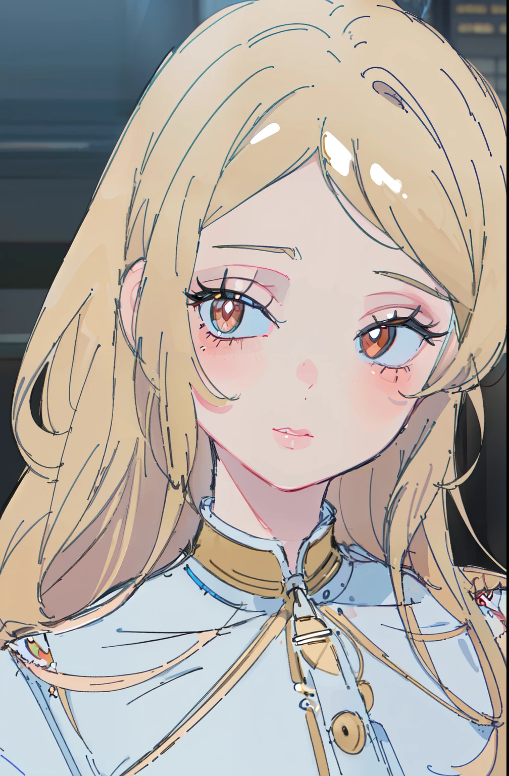 ( Better Quality,4k,8K,highres, masterpiece:1.2), ultra-detailed ,( realistic ,photo realistic ,photo- realistic :1.37), a girl,long, pale gold hair ,PIEL BLANCA, red eyes with multiple pupils,Unparalleled beauty,Preppy style clothing , combined with romantic style 