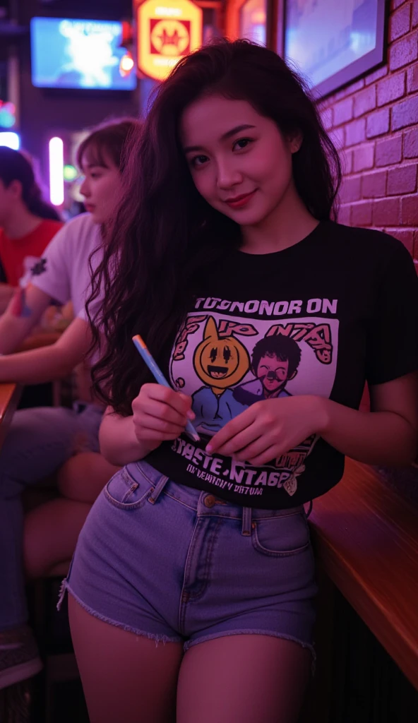 At a local bar near campus, she’s with friends at a trivia night. Her thick thighs are framed by denim micro shorts, and she wears a fun graphic tee referencing a classic TV show. The bar is packed with students, laughter and shouts of correct answers fill the air. Neon lights create a lively atmosphere as she writes down her answer, her dark curls bouncing as she smiles at her teammates, the funky college energy palpable, (((thick thighs)))