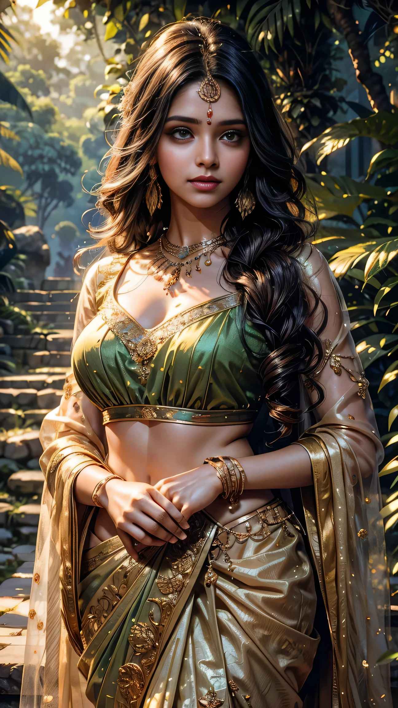 ((realistic:1.5)),((best quality)), ((masterpiece)),((detailed)), (1girl), {a beautiful female wearing, (upper body:1.3),super-wide-angle lens,face focus, mature,sexy,toned muscles,long legs,curvy, barefoot, medium breasts, open cleavage, drooping breasts, thick thighs,wide hips, thin legs, green eyes,long black hair,floting hair,long eyelashes, (detailed face,beautiful eye, detailed pupilss,detailed clothes features, clear background:1.3), (Bindi,Jhumkas:1.3), (Armlet, Haar, Payal,Maang Tikka,Jhumkas,Kamarband,Bangles:1.3), mysterious ancient ruin, lush forests, deep canyons,bridge,river,cliff,cloud, lakes,rock,waterfalls, flowers, grass, fog,vine,tree, smoke, best shadow,bright details,sharp,perfect composistion, Intricate, Sharp focus, dramatic, by Frank Frazetta,by Julie Bell,by Olivia De Berardinis,by Luis Royo,by boris vallejo, (specular lighting:1.3),rim light, princesses, royal skimpy topless, hugging and touching each other, teasing her friend's belly, teasing her friend's buttocks, blushing friend, biting her friend's ear lobe, hugging from behind, touching her friend's breasts from below