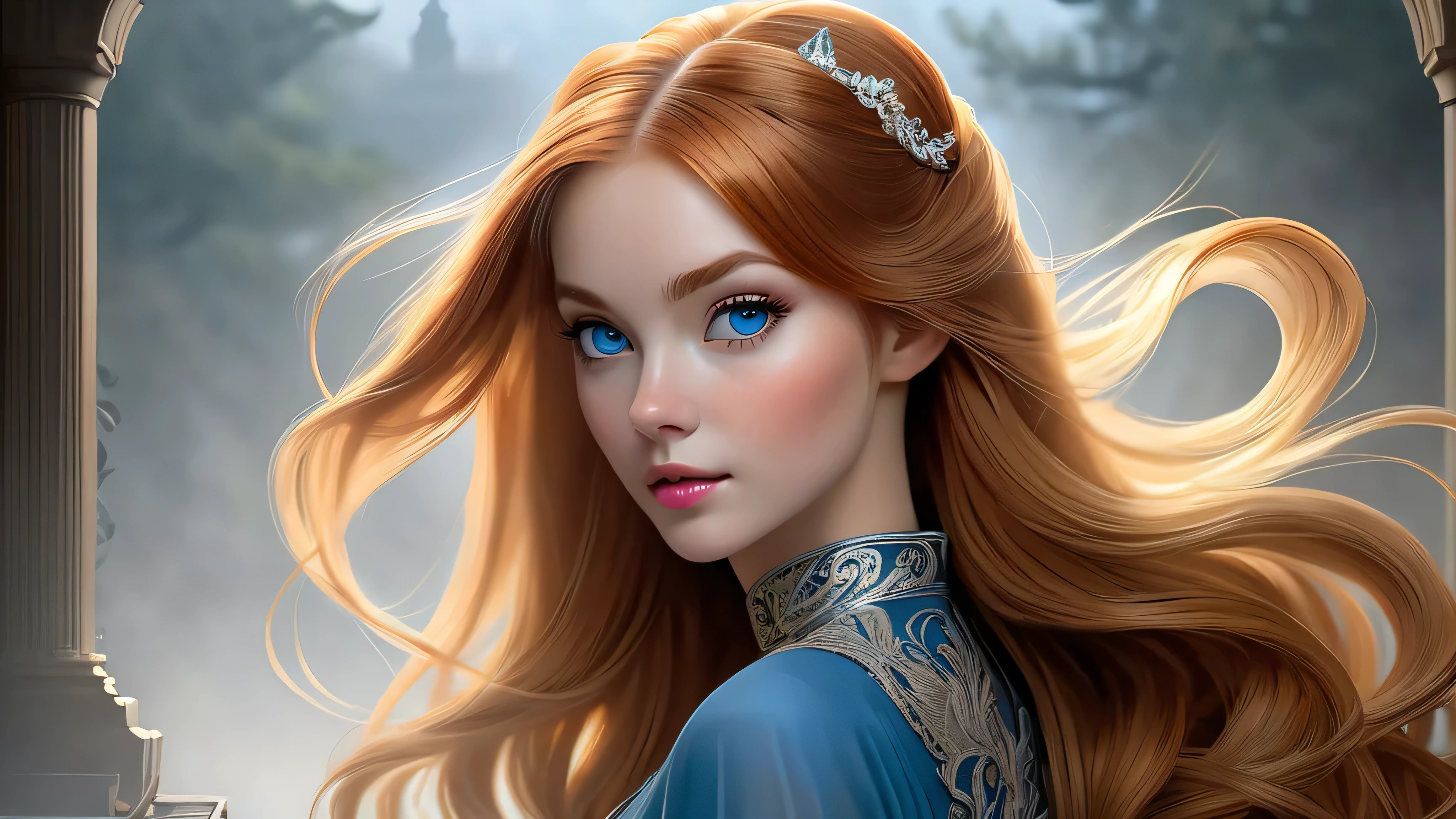 (solo, full body photo:1.3), (action packed:1.3), (haze, fog, mist:1.3), chiaroscuro, best quality, photorealistic, 1woman, (cute), (24yo:1.2), redhead, long ginger hair highly detailed, 1700'S, digital photography, art by artgerm and ruan jia and greg rutkowski surreal painting gold butterfly filigree, broken glass, (masterpiece, sidelighting, finely detailed Fashionable eyes: 1.2) (perfect oval large eyes that gazes at the viewer), beautiful detailed face, blue gorgeous perfect eyes, (blonde hair ponytail), (attractive young woman:1.3), (thick amazing hair), (seductive:1.1), (blushing:1.1)